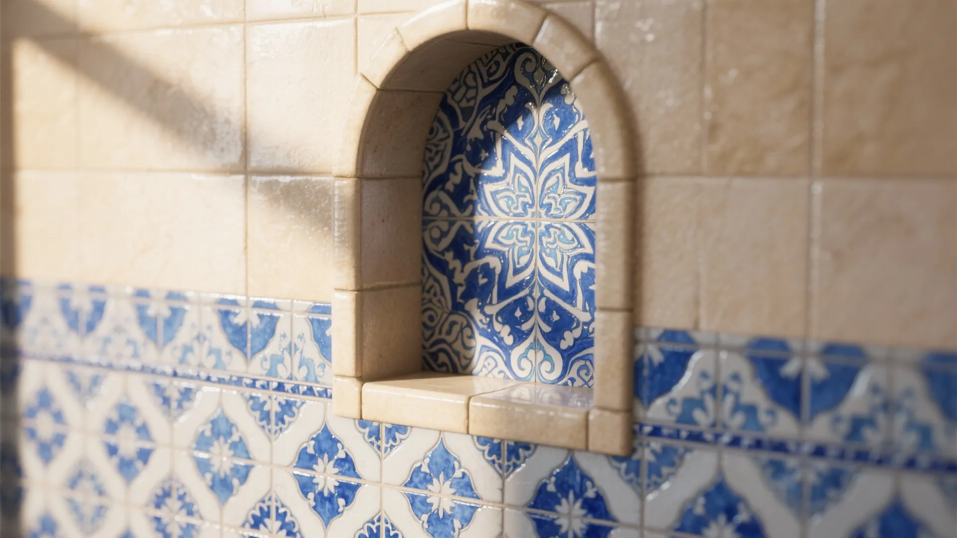 3. Sky Blue Moroccan Tiles in the Shower Niche