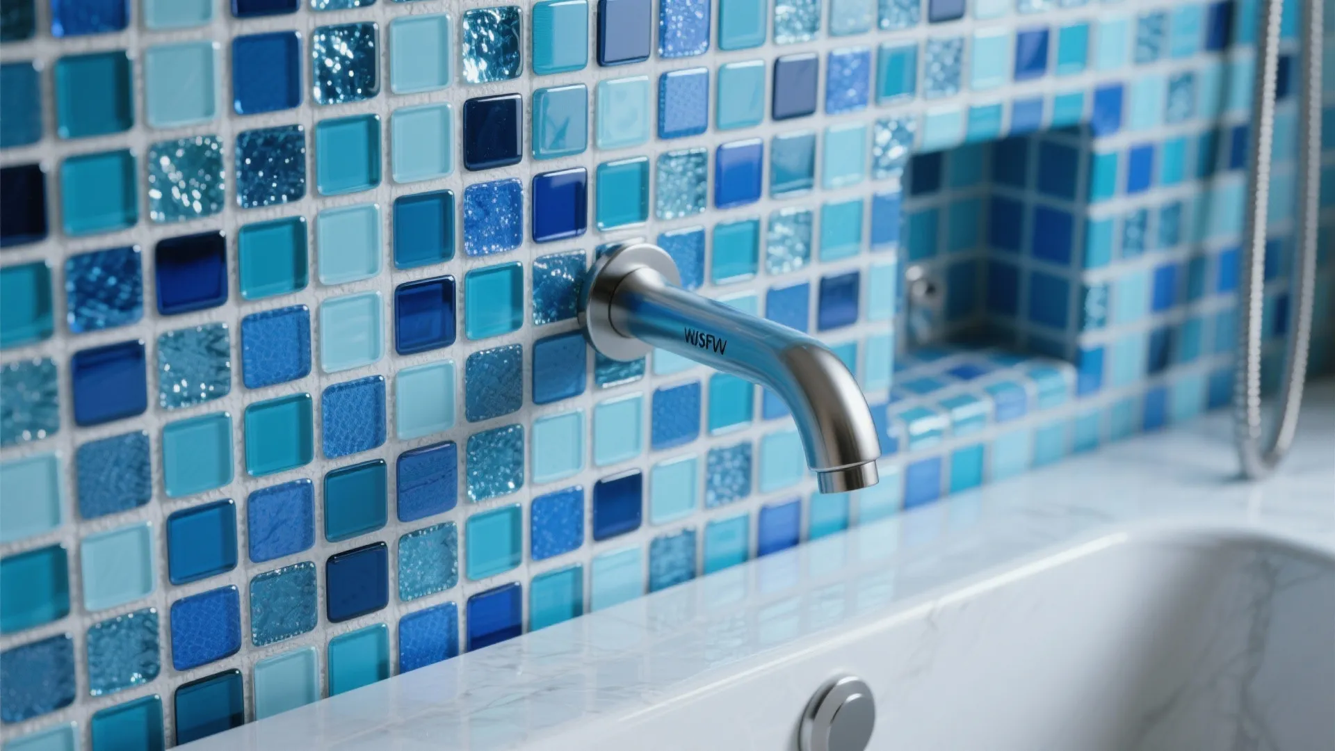 5. Blue Mosaic Backsplash Behind Fixtures