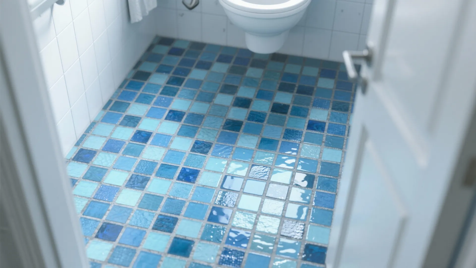 Blue glass mosaic bathroom floor with white porcelain walls and mid-gray grout.