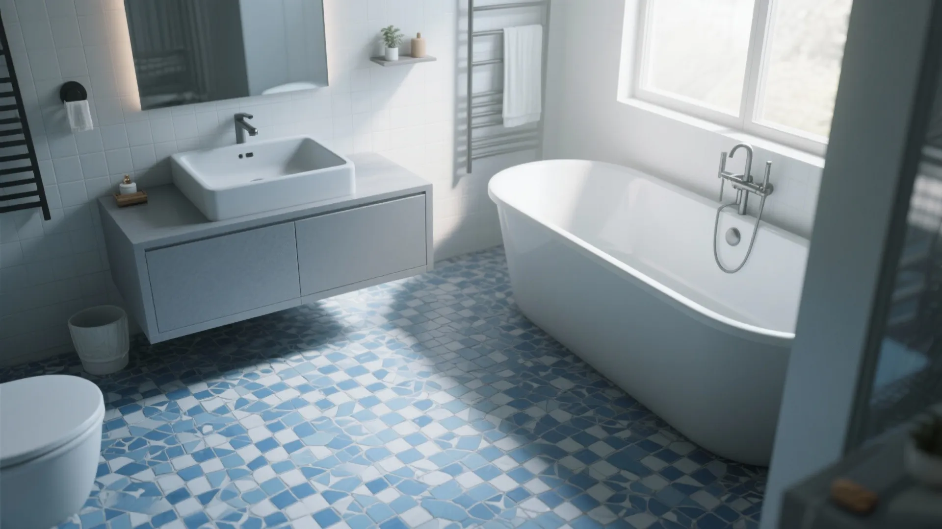 Modern bathroom with blue mosaic floor tiles and a white bathtub next to a window