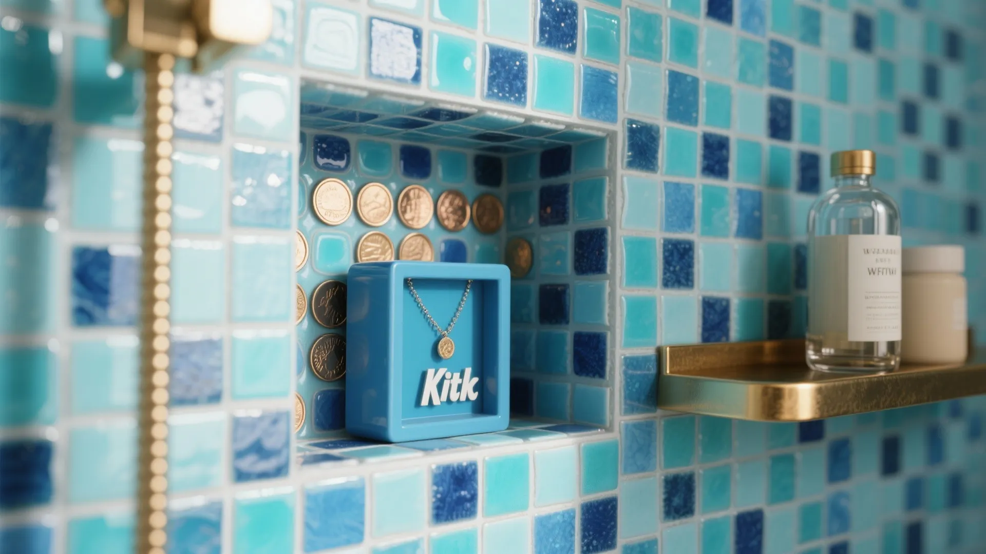 3) Blue mosaic feature wall and shower niche