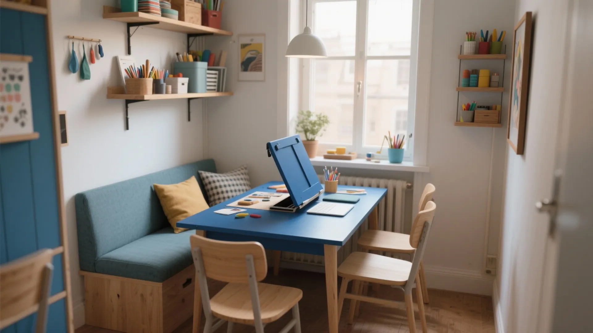 Blue dining table with chairs wall shelves ceiling light window and blue sofa in small room