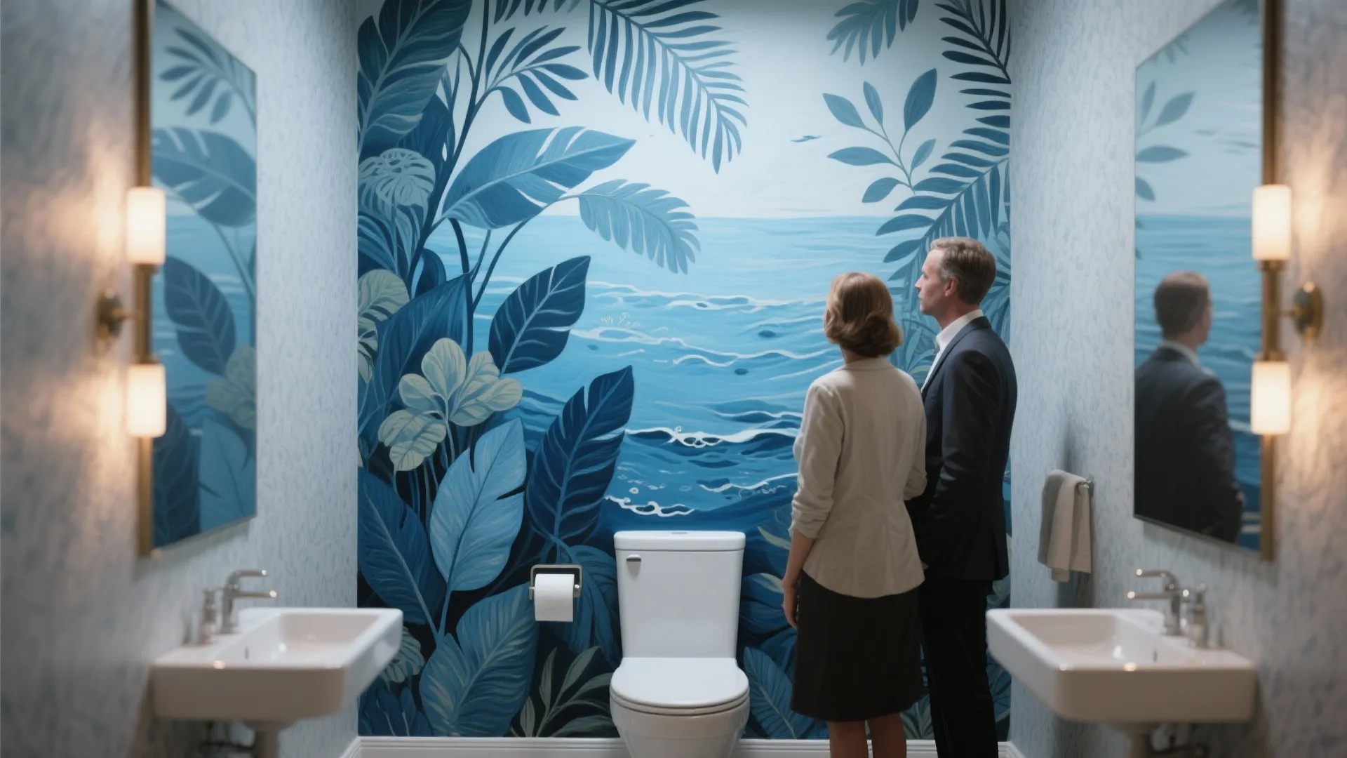 Modern bathroom with large blue ocean mural wall white toilet two sinks and wall lights