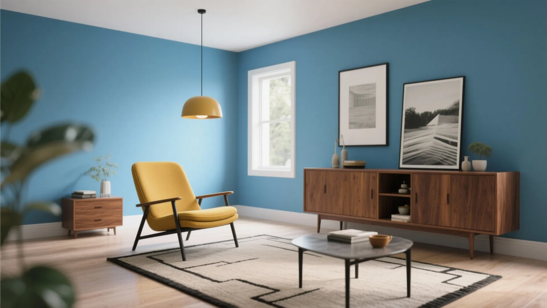 Sky blue + mustard + walnut (mid-century energy)