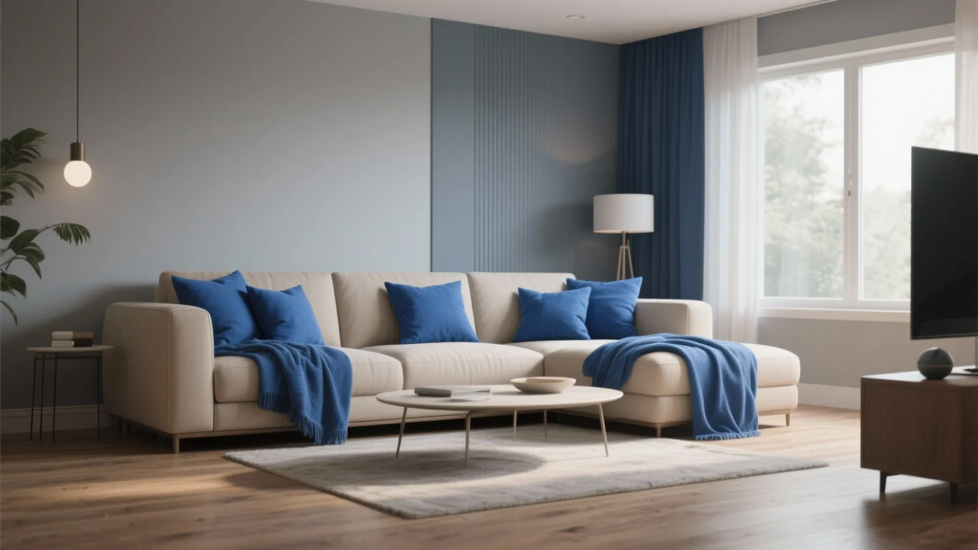 Cream sofa with blue pillows and blanket in living room with wood floor and window