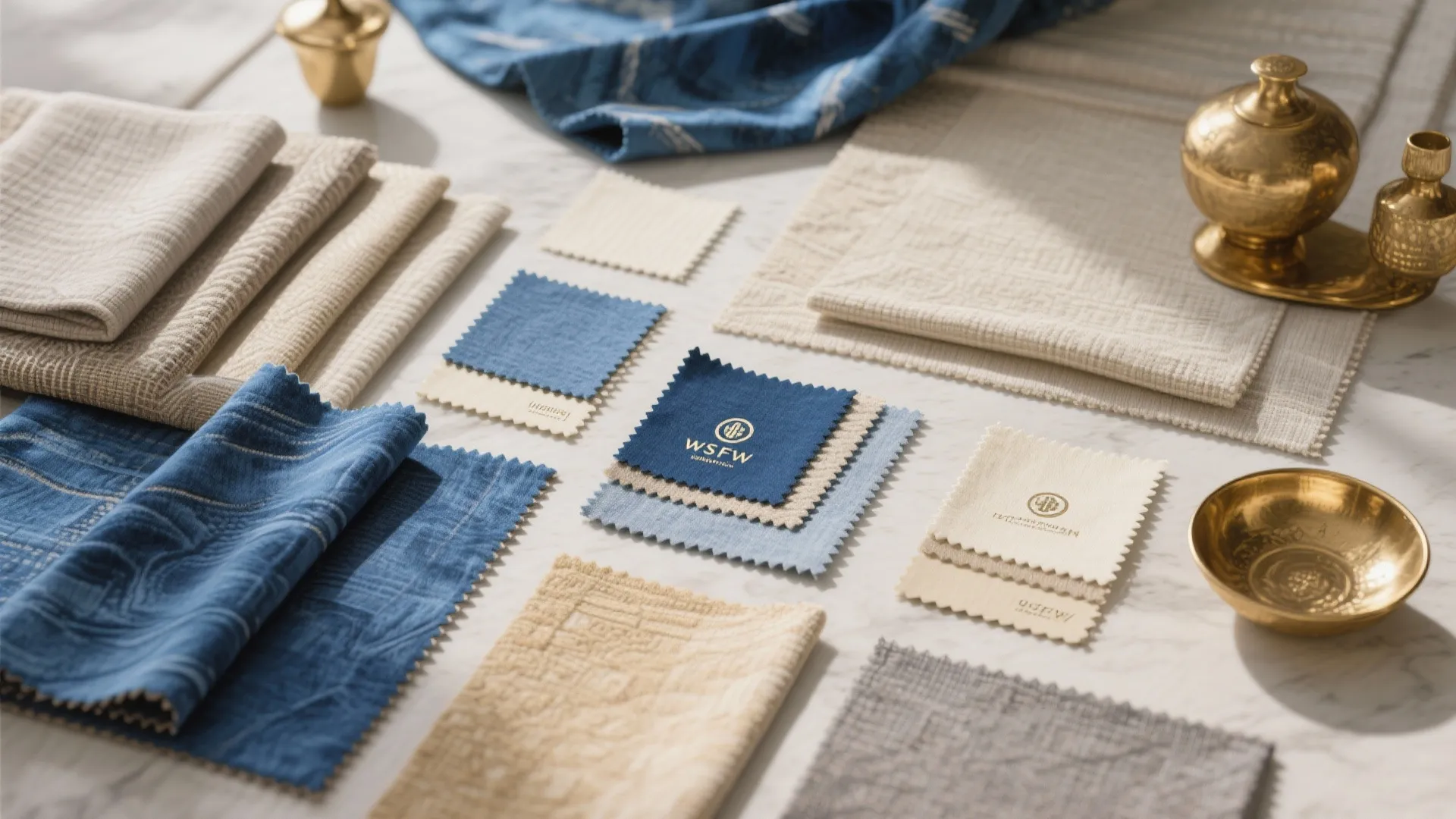 Selection of blue and beige fabric samples on a table with gold bowls and cups
