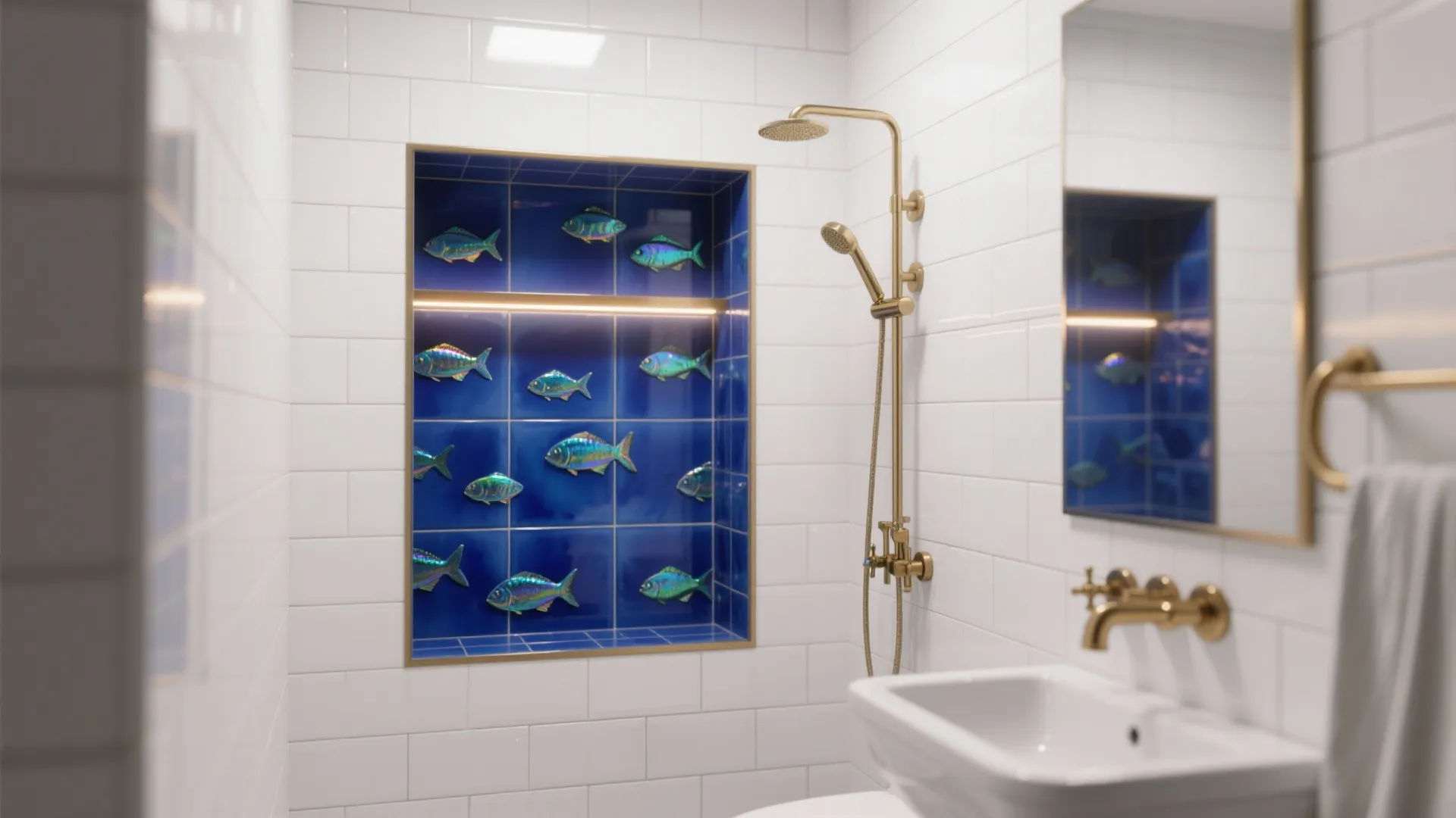 Glossy Blue Porcelain Fish Tiles in the Shower Niche