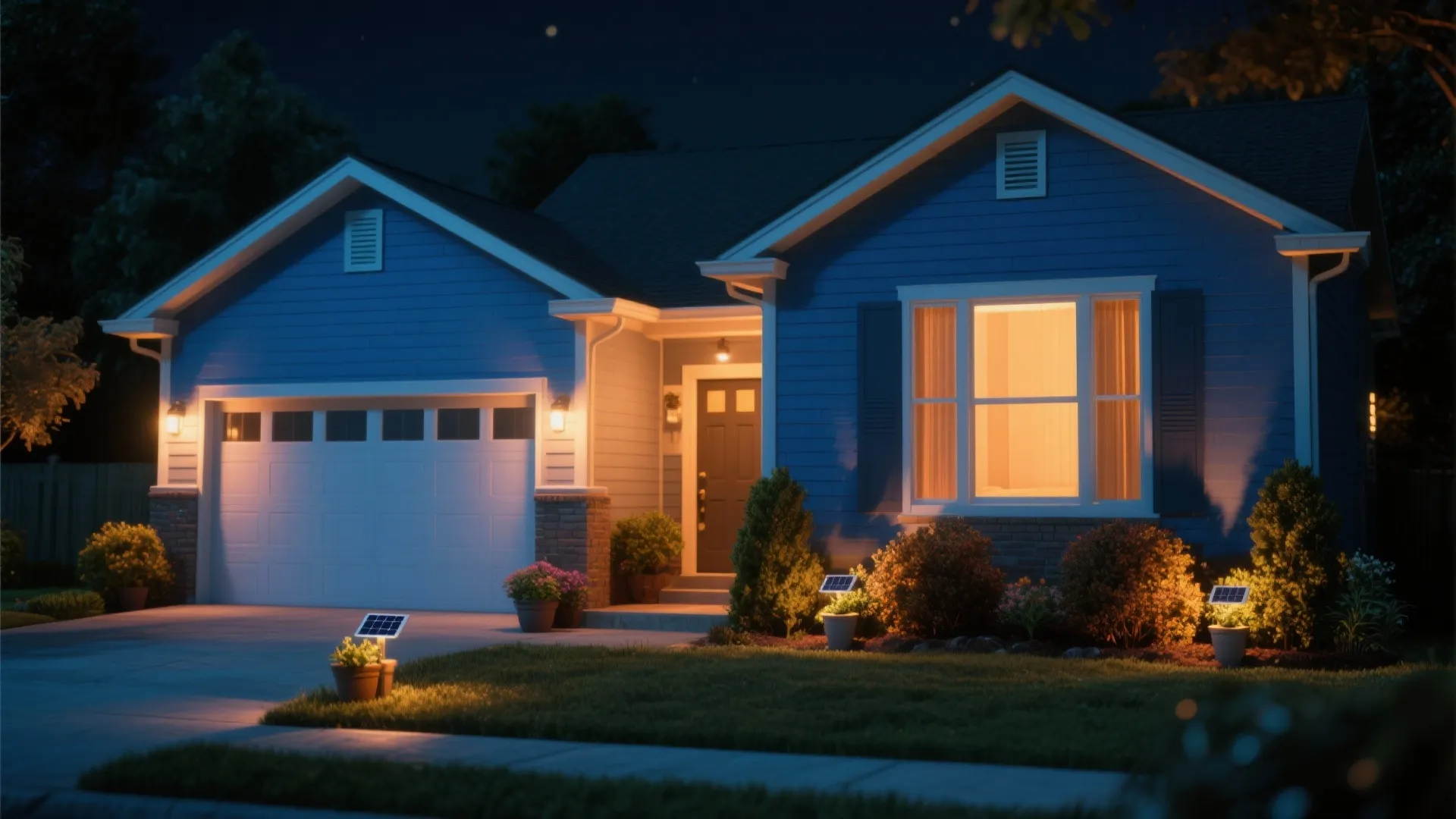 5. Blue, Landscaping and Warm Lighting for Nighttime Drama