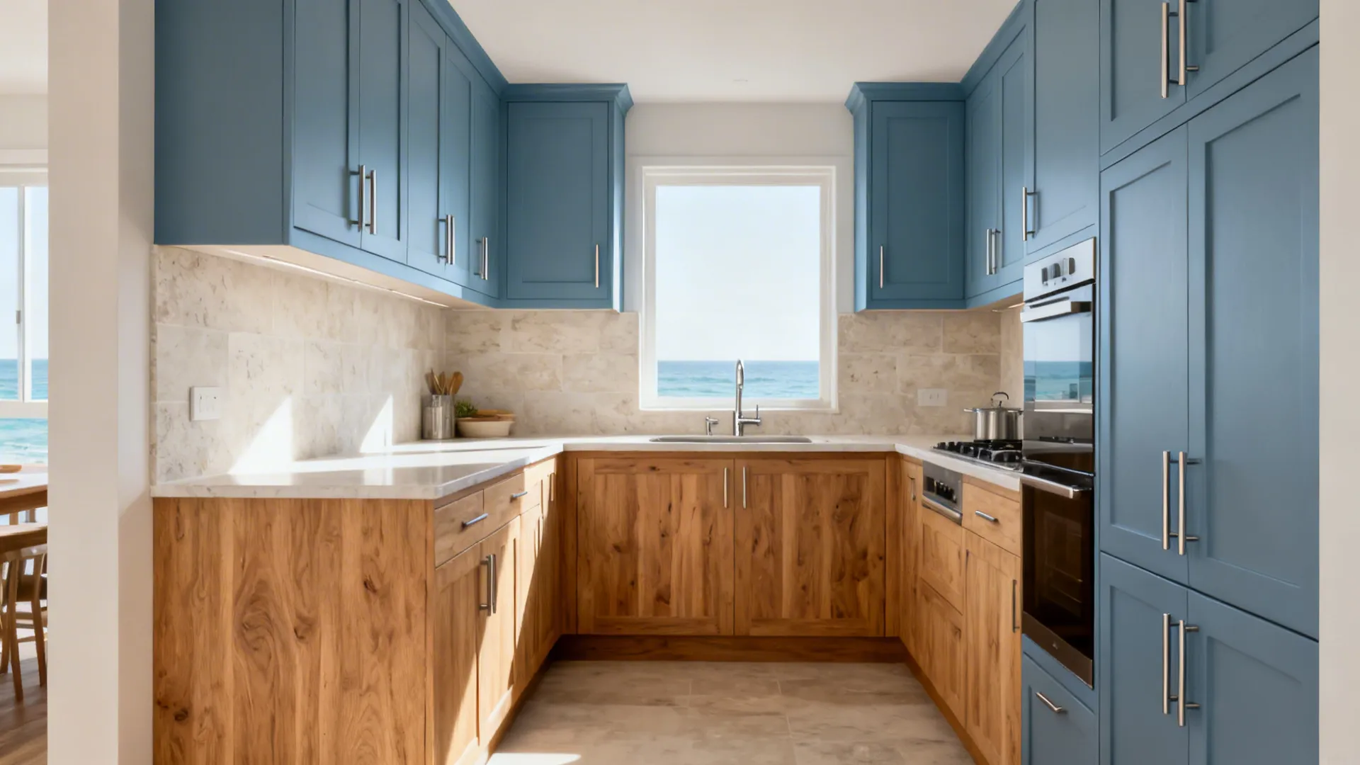 Compact L-shaped kitchen with muted blue uppers and natural oak lowers in soft daylight.