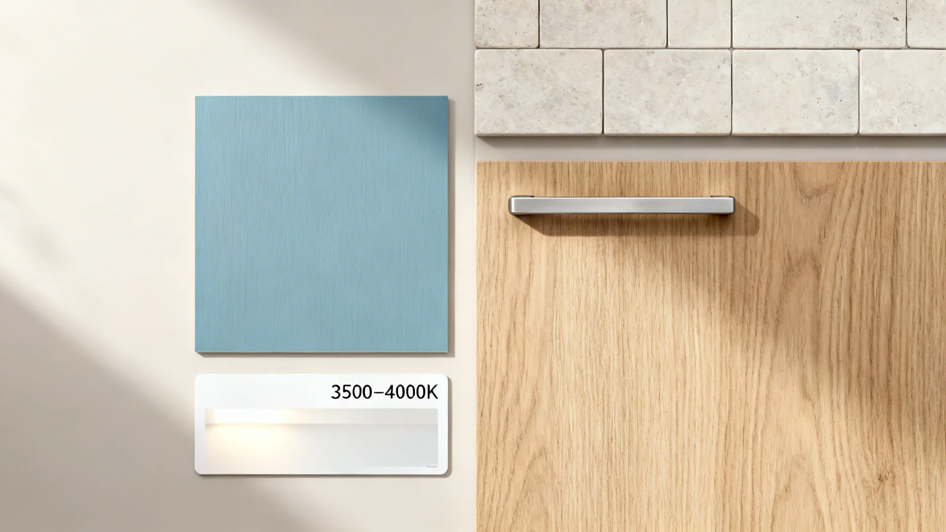 Flatlay of muted blue laminate, natural oak grain, nickel hardware, and light stone tile.