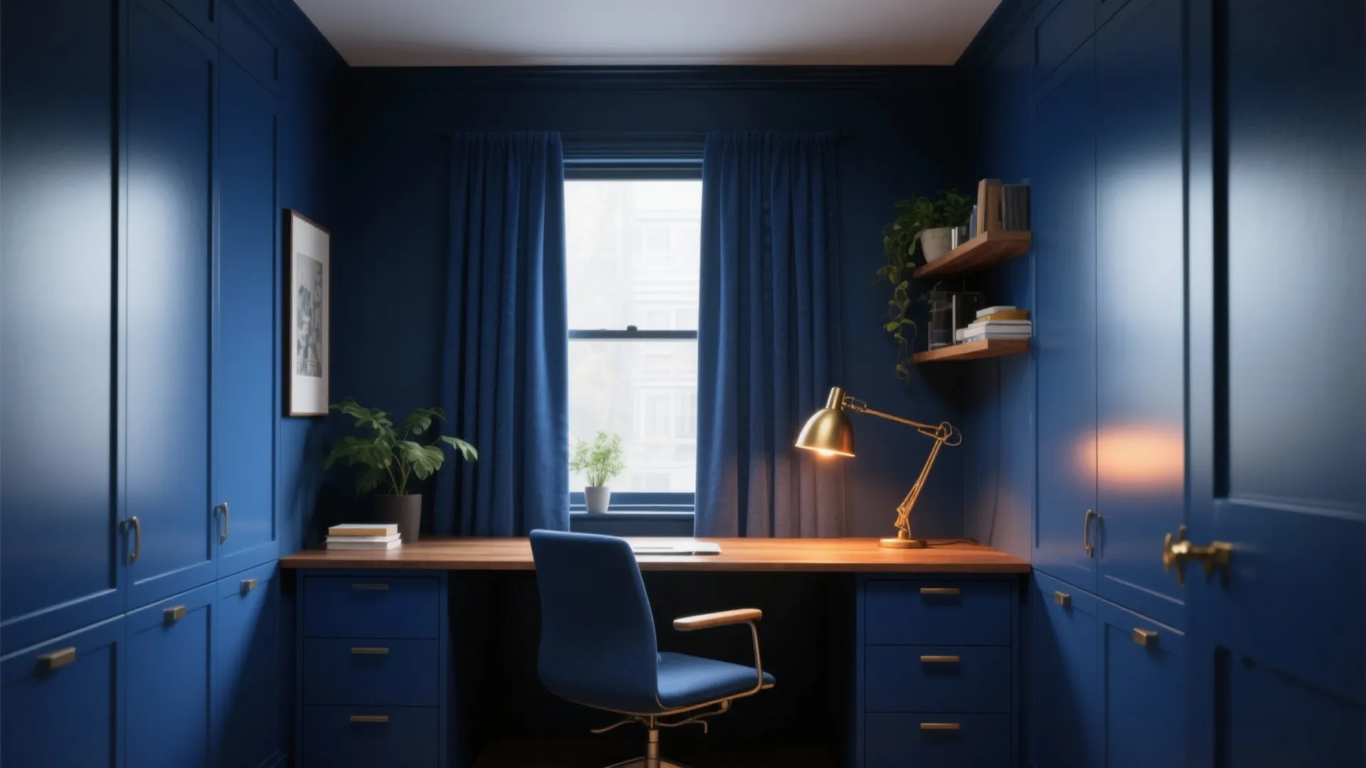 Dark blue home office with wooden desk, matching chair, blue curtains, gold lamp, and shelves