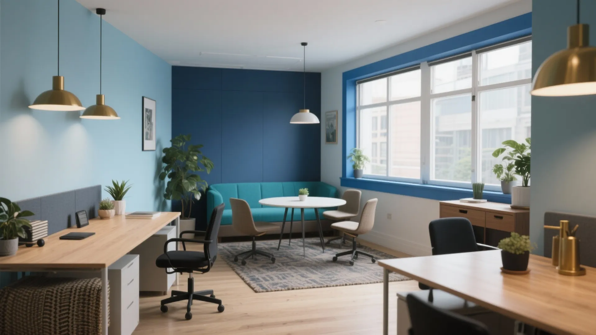 Modern office interior with blue walls, wooden desks, black chairs, teal sofa, and ceiling lights