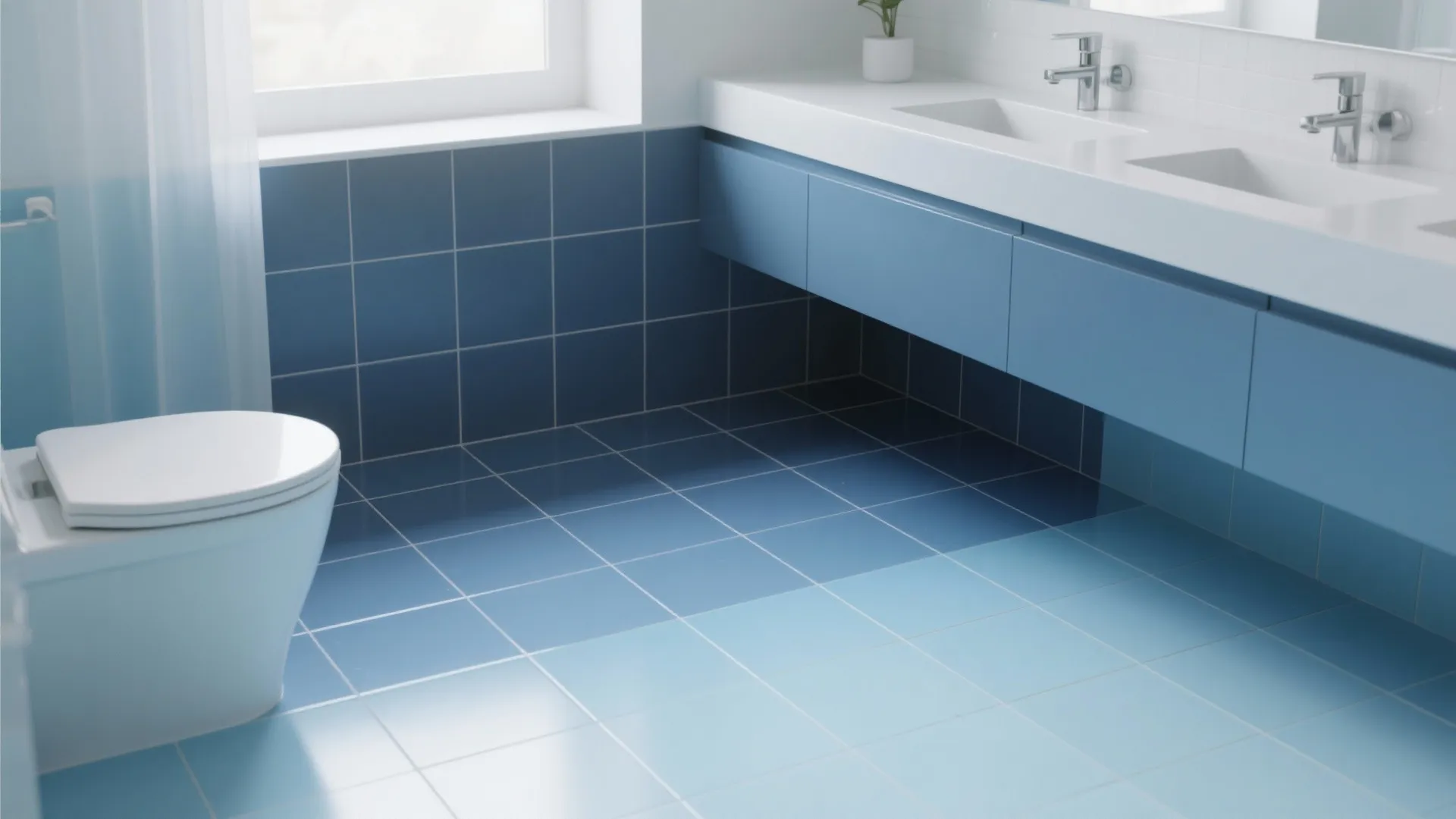 Modern bathroom with blue gradient floor tiles blue cabinet white countertop and two sink faucets