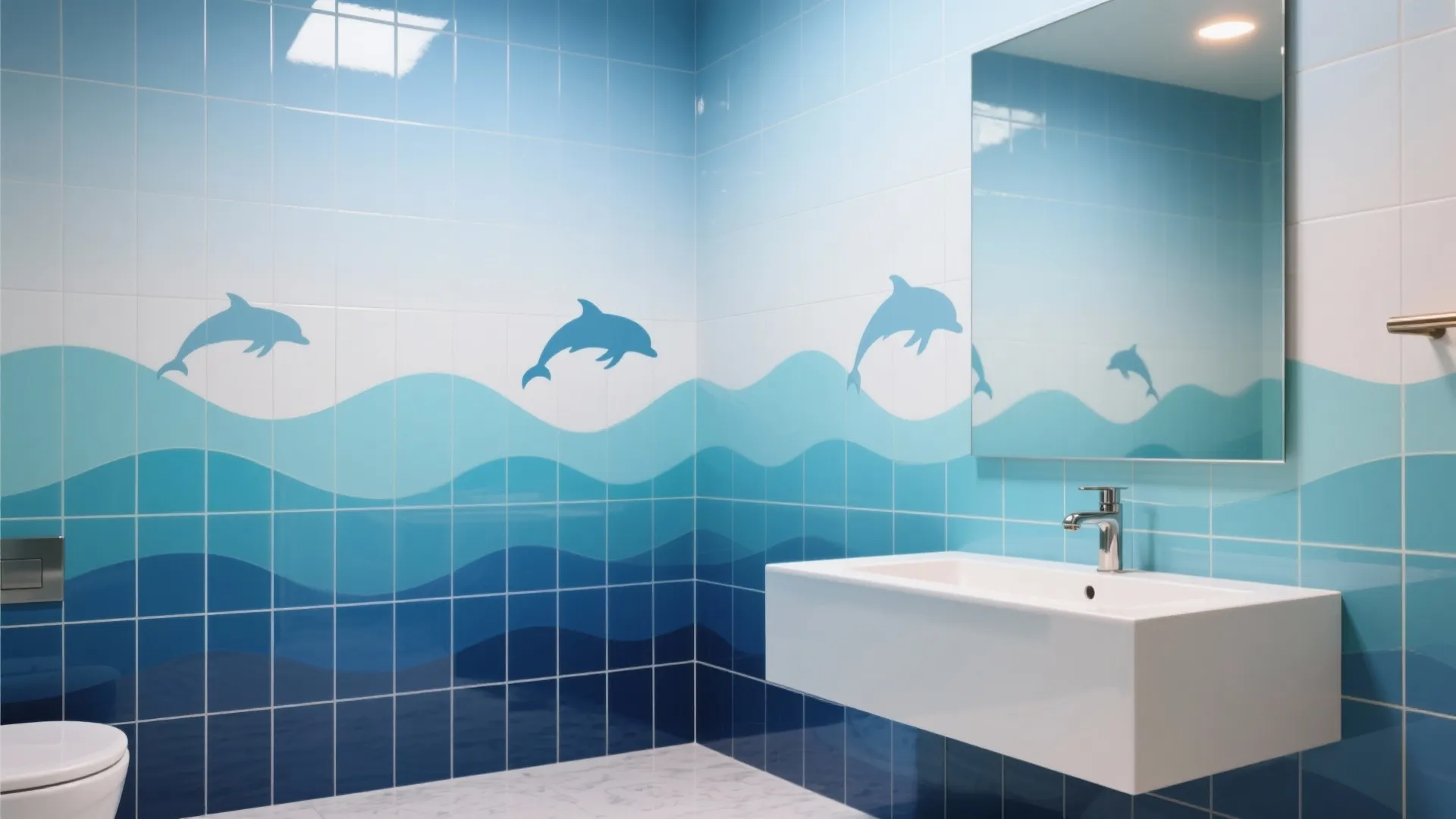Blue Ombre Wave Tiles with Subtle Dolphin Silhouettes