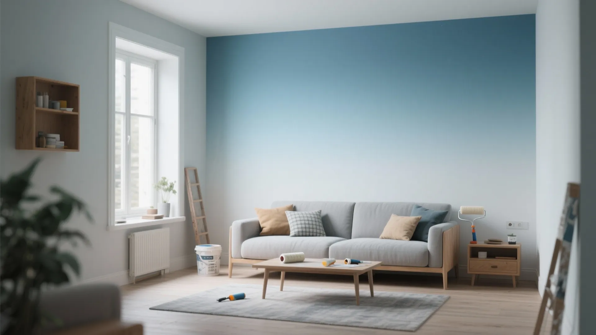 Living room with soft blue-to-gray ombré mural behind the sofa widening the space