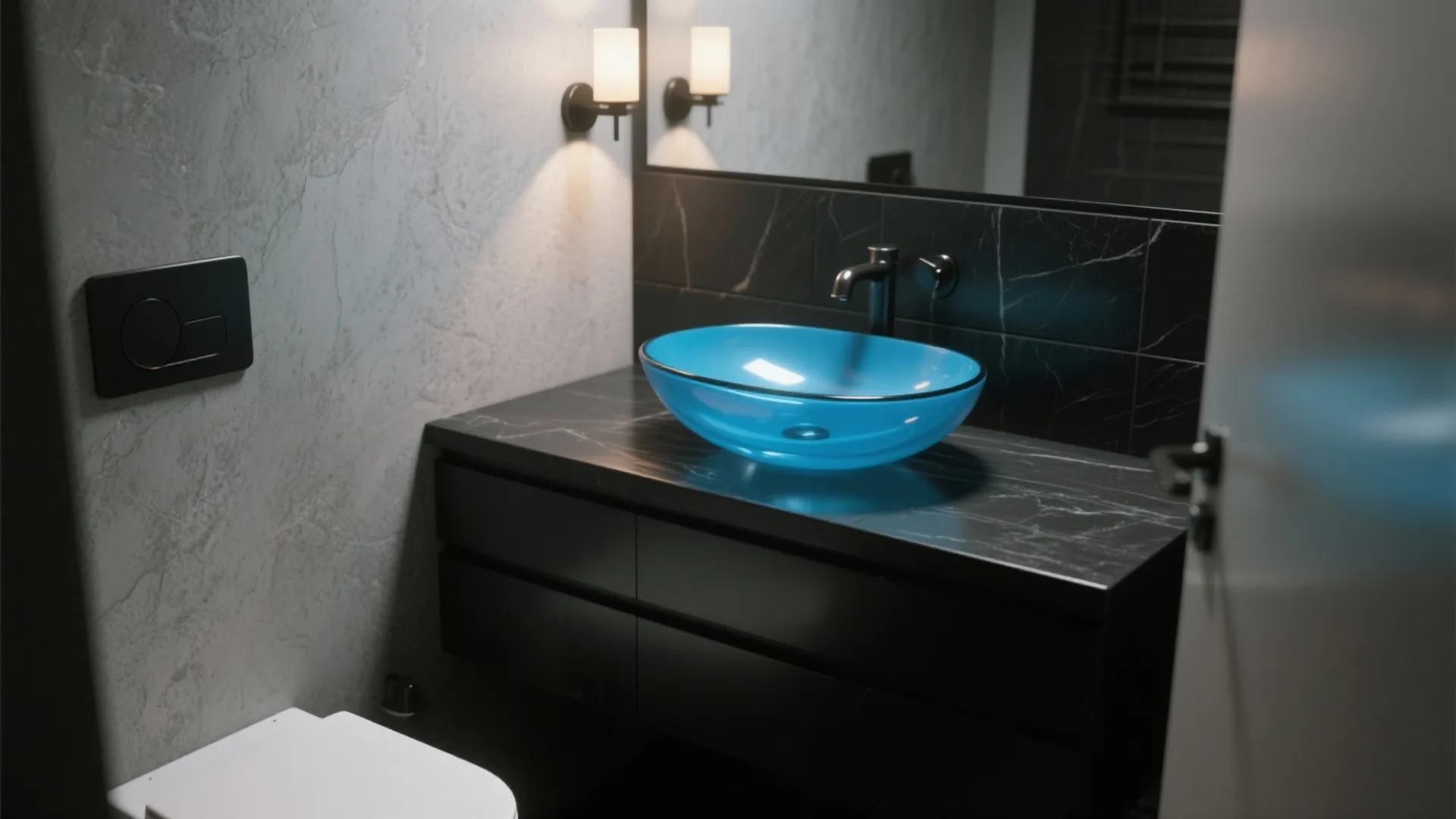 2. Bold Contrast: Blue on Black Vanity