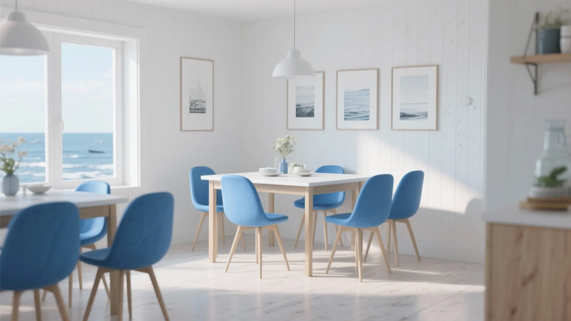 3. Contrast blue chairs with white walls for a fresh, airy room