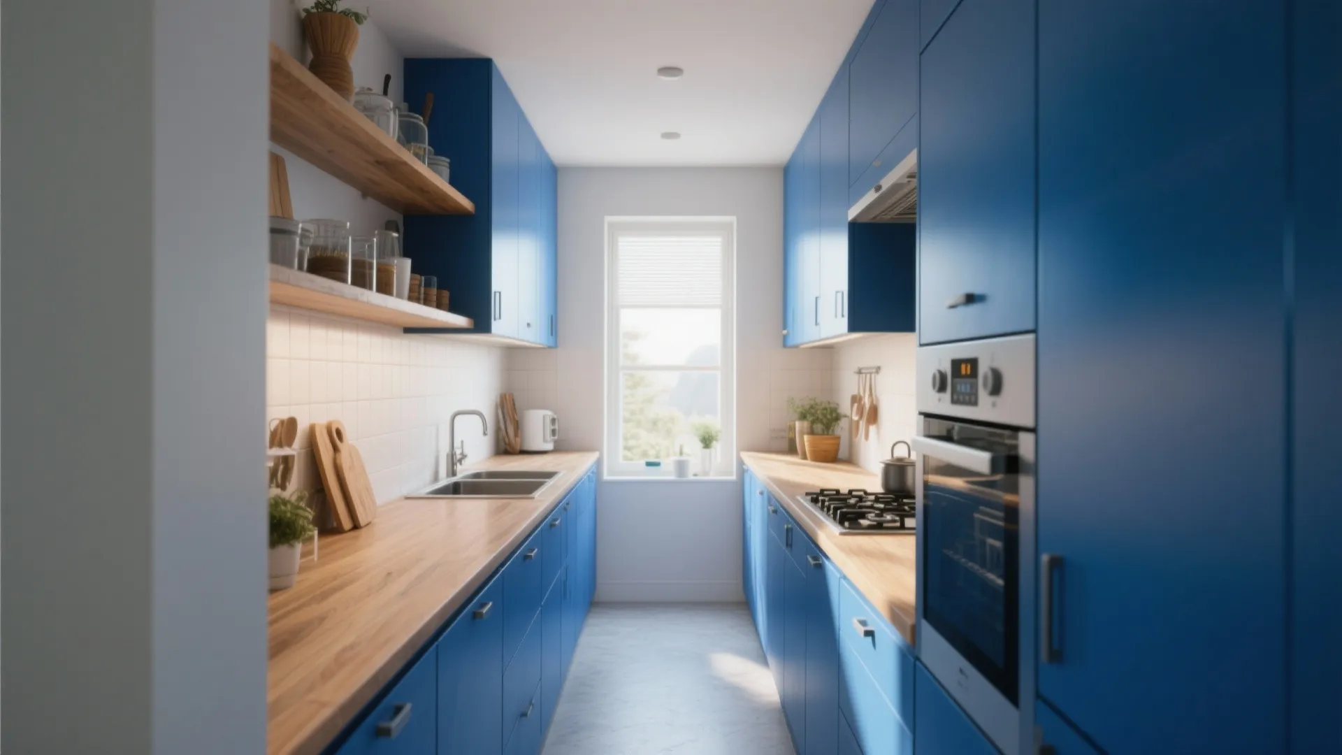 Long narrow kitchen layout with blue cabinets and wooden counter under bright natural window light