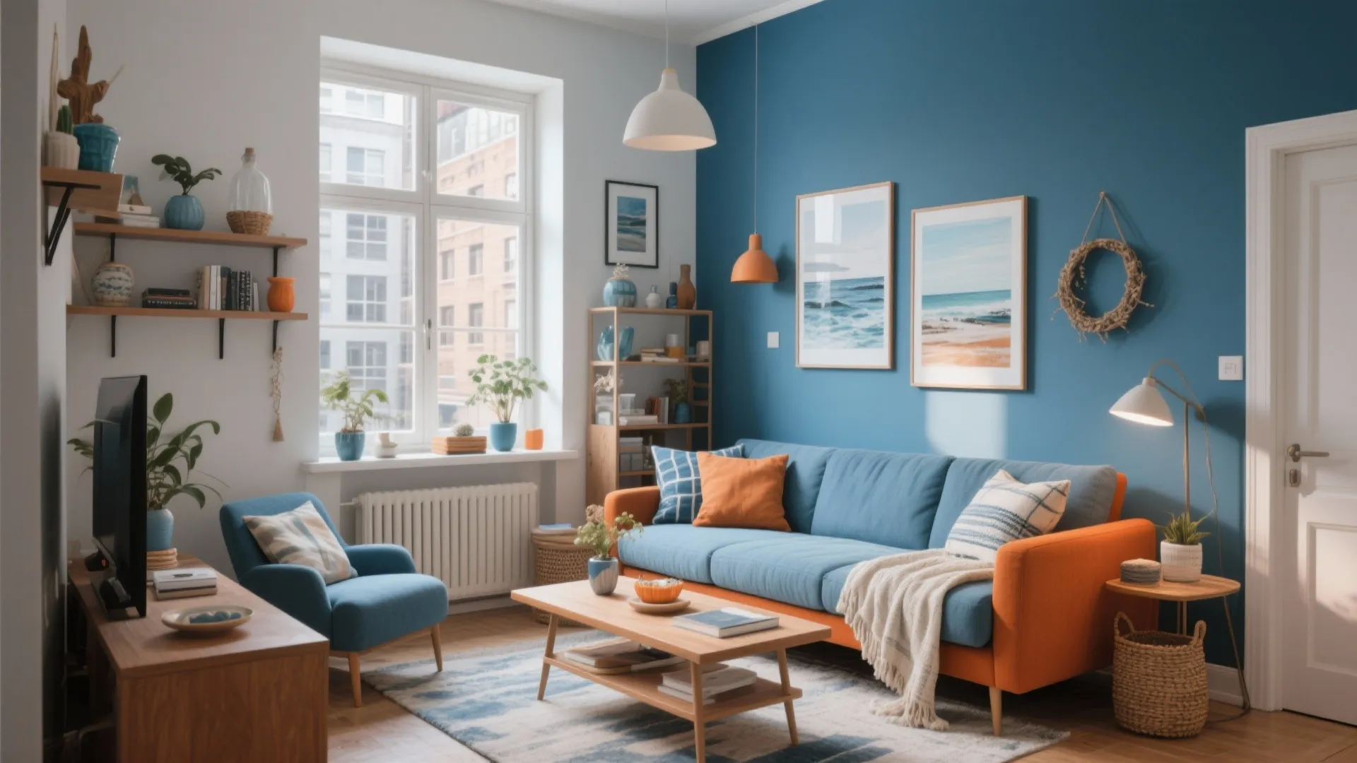 Modern blue and orange living room with sofa wood coffee table window plants and wall light