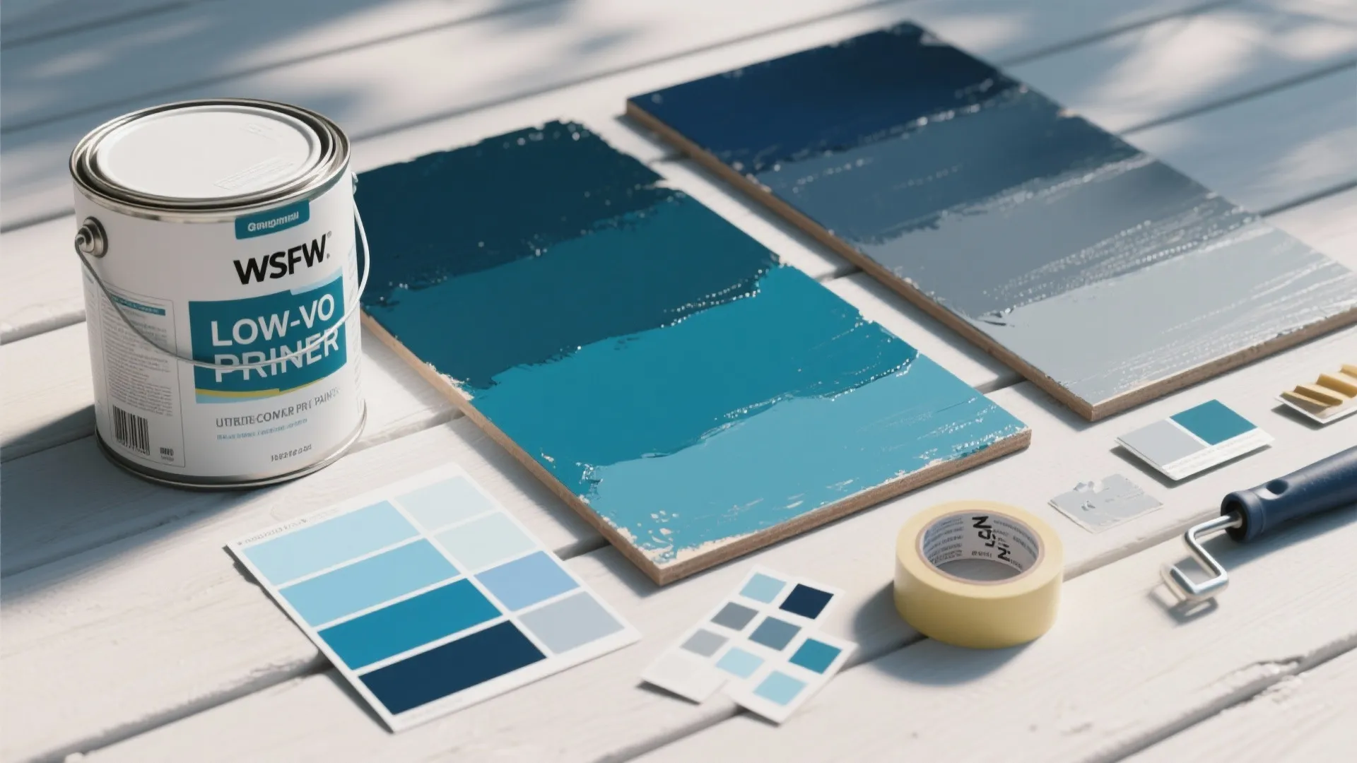 Blue paint can and color samples on wooden table for home interior wall painting project