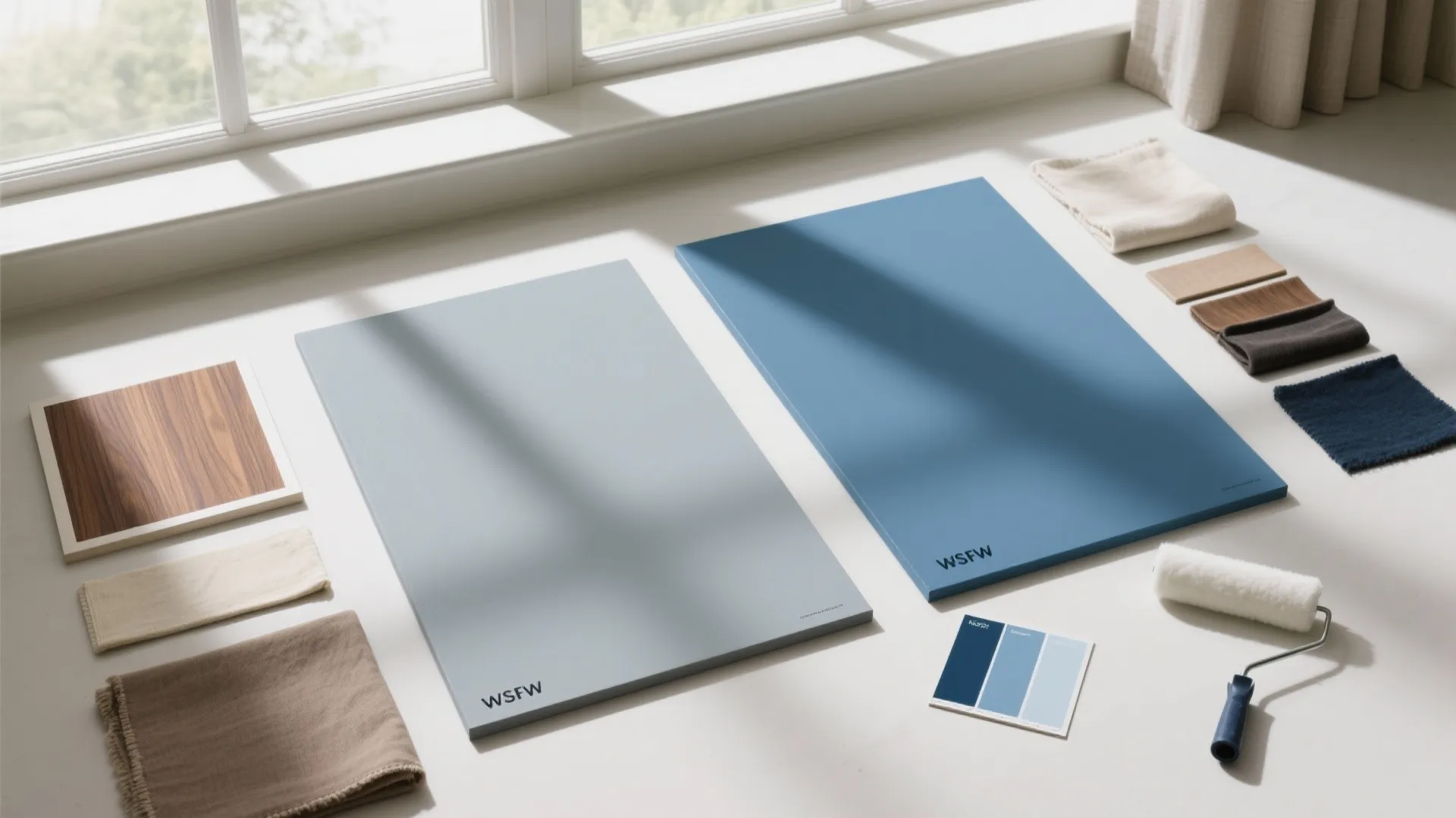 Two blue paint sample boards on floor with wood swatches fabric pieces and paint roller