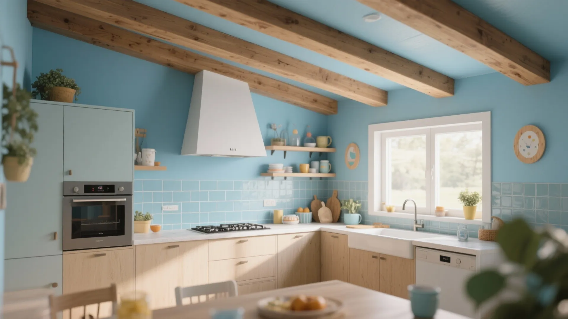 Kitchen with sky-blue painted wood beams and matching backsplash