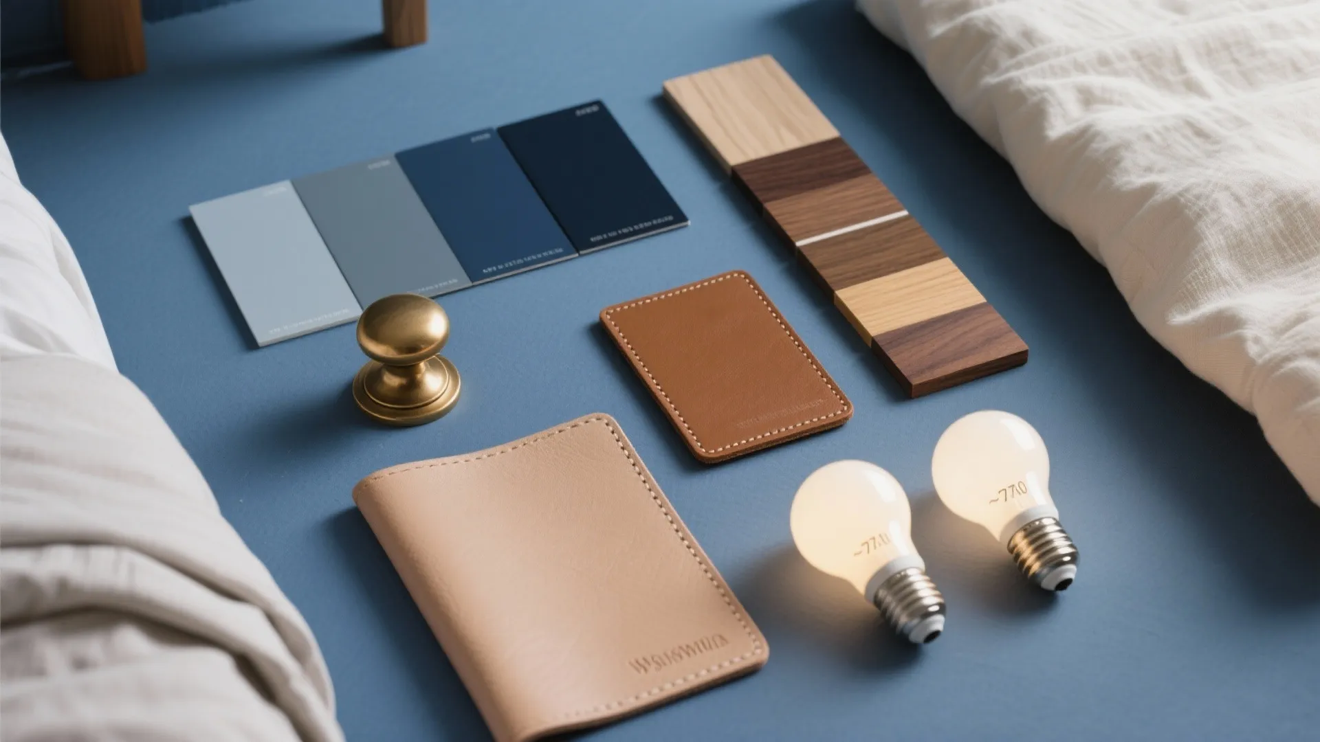 Interior design materials including blue paint samples wood pieces light bulbs and brass door knob