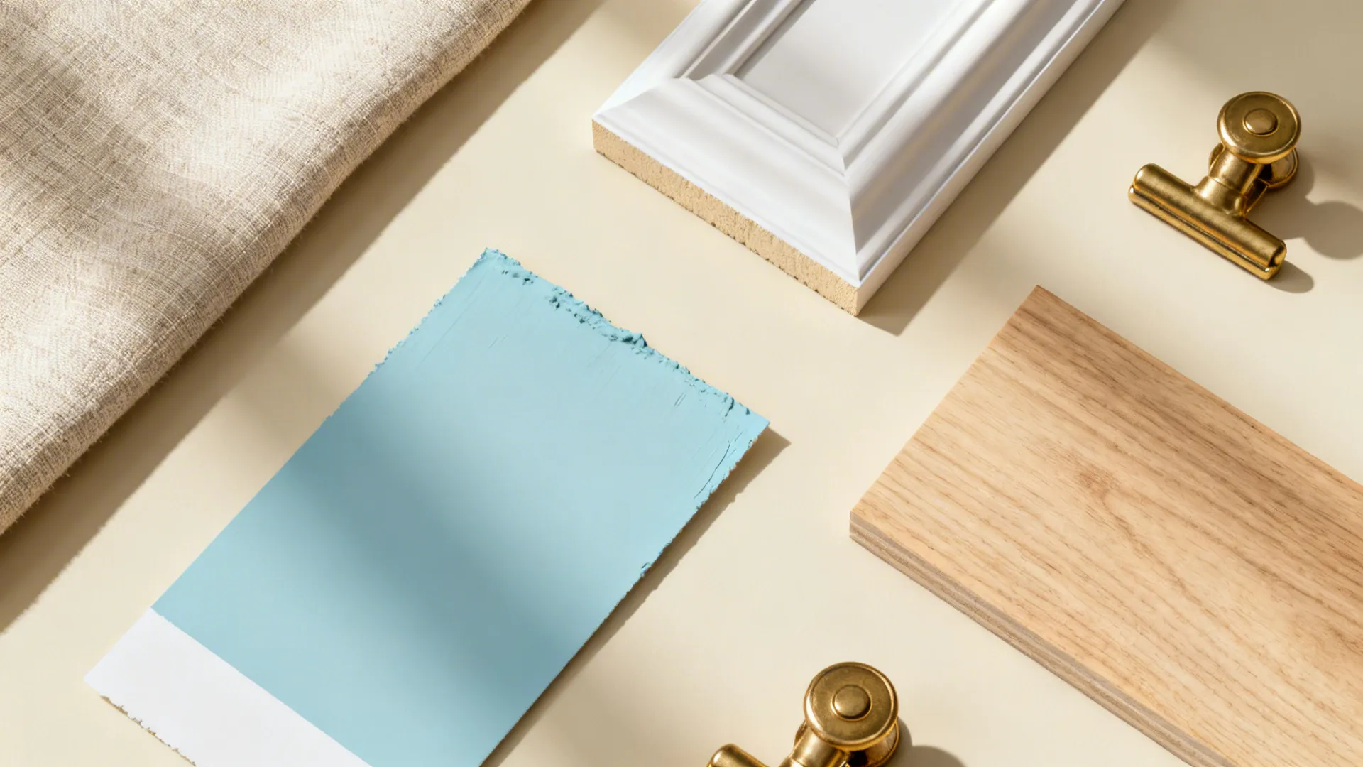 Interior design materials including blue paint swatch wood sample white wall panel fabric and clips
