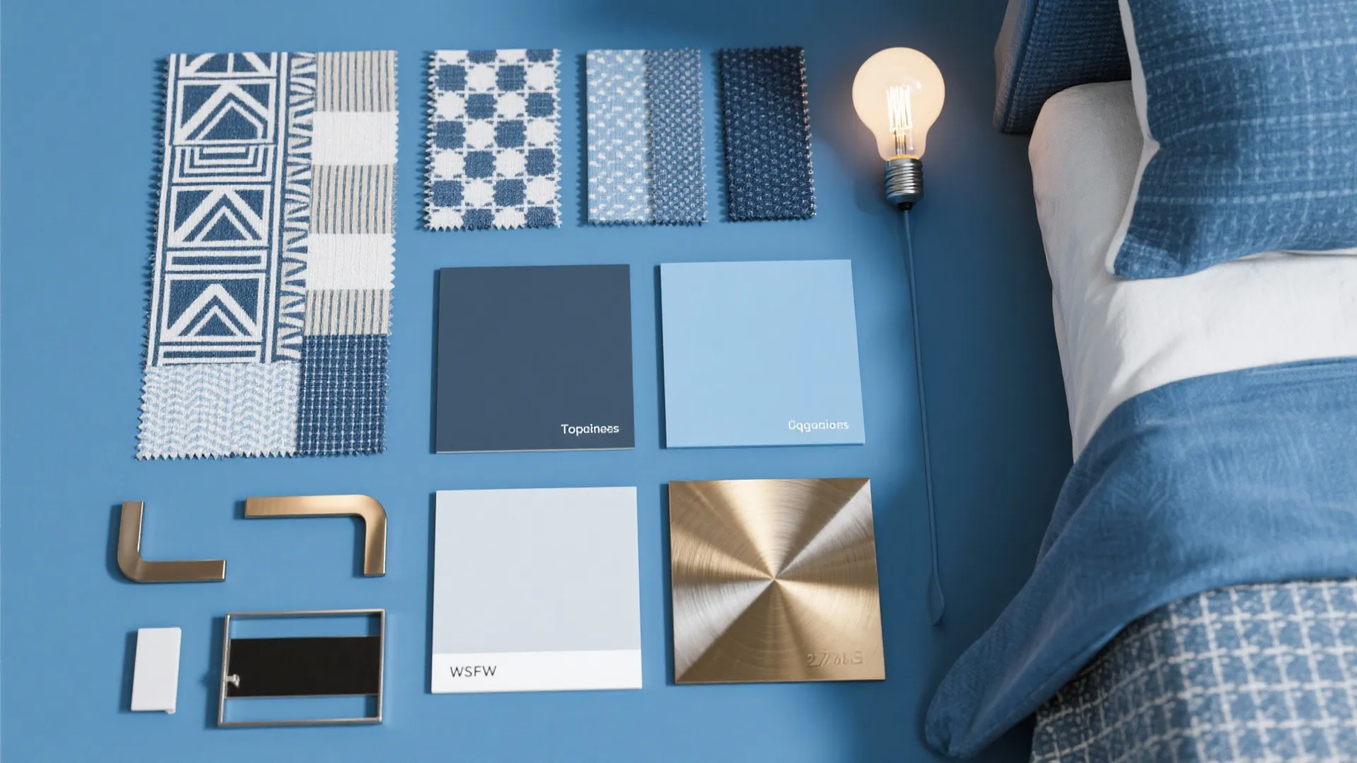 Flat lay of blue fabric samples, color paint swatches, gold hardware, and a light bulb