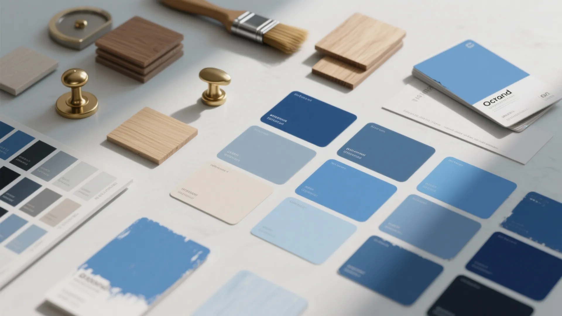 Top-down palette of blue paint chips, neutral swatches, brass and wood samples used for coordinating blue interiors.