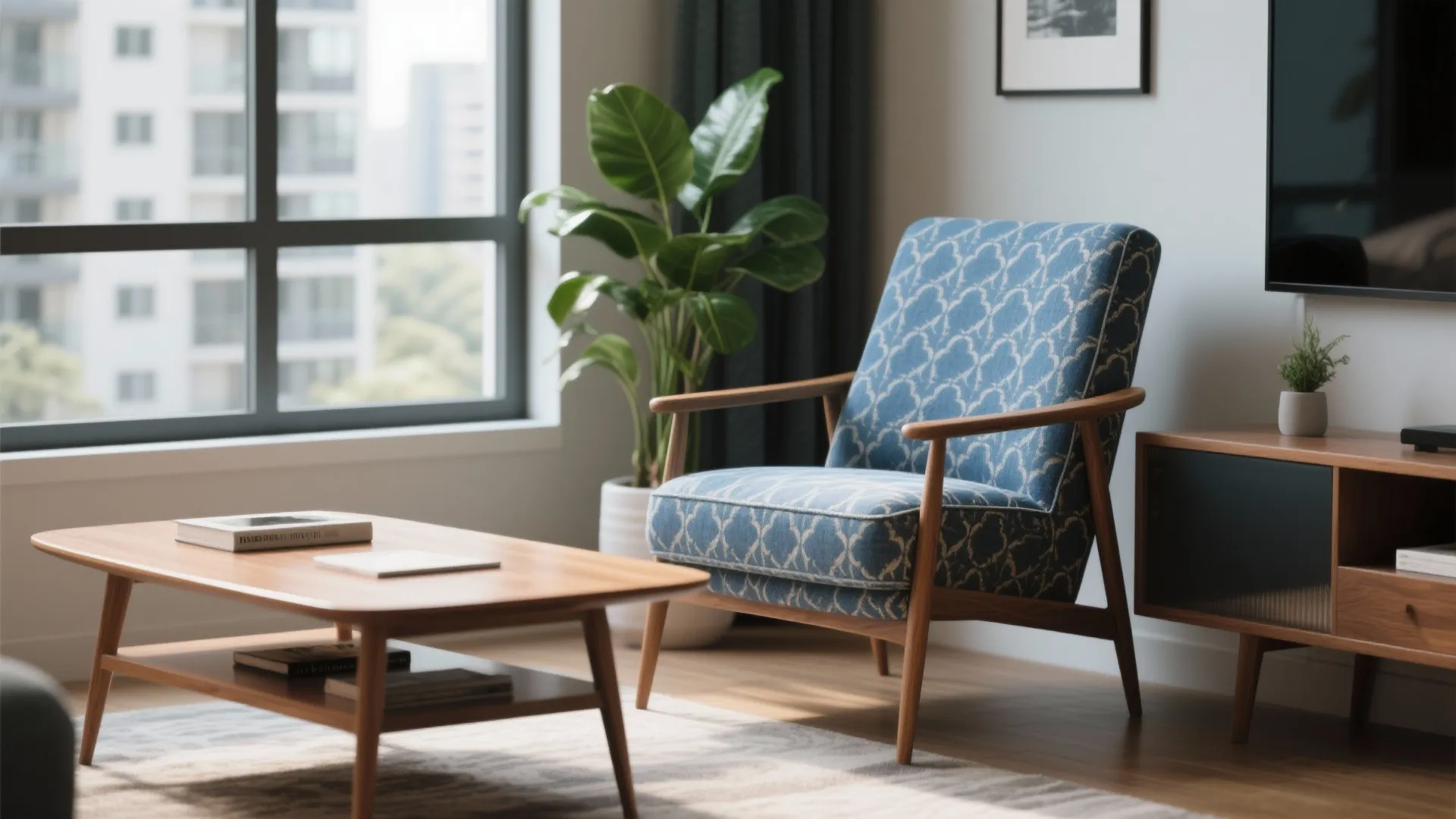 7. Blue Patterned Accent Chair