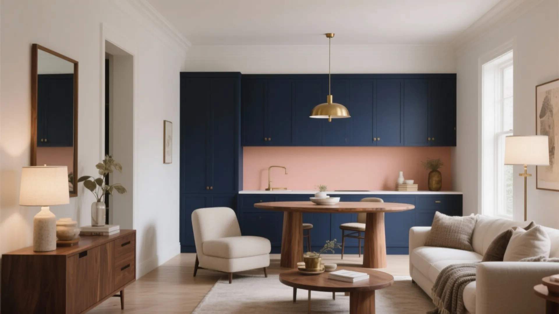 5) Modern Contrast: Inky Blue + Peach (with Wood or Brass)