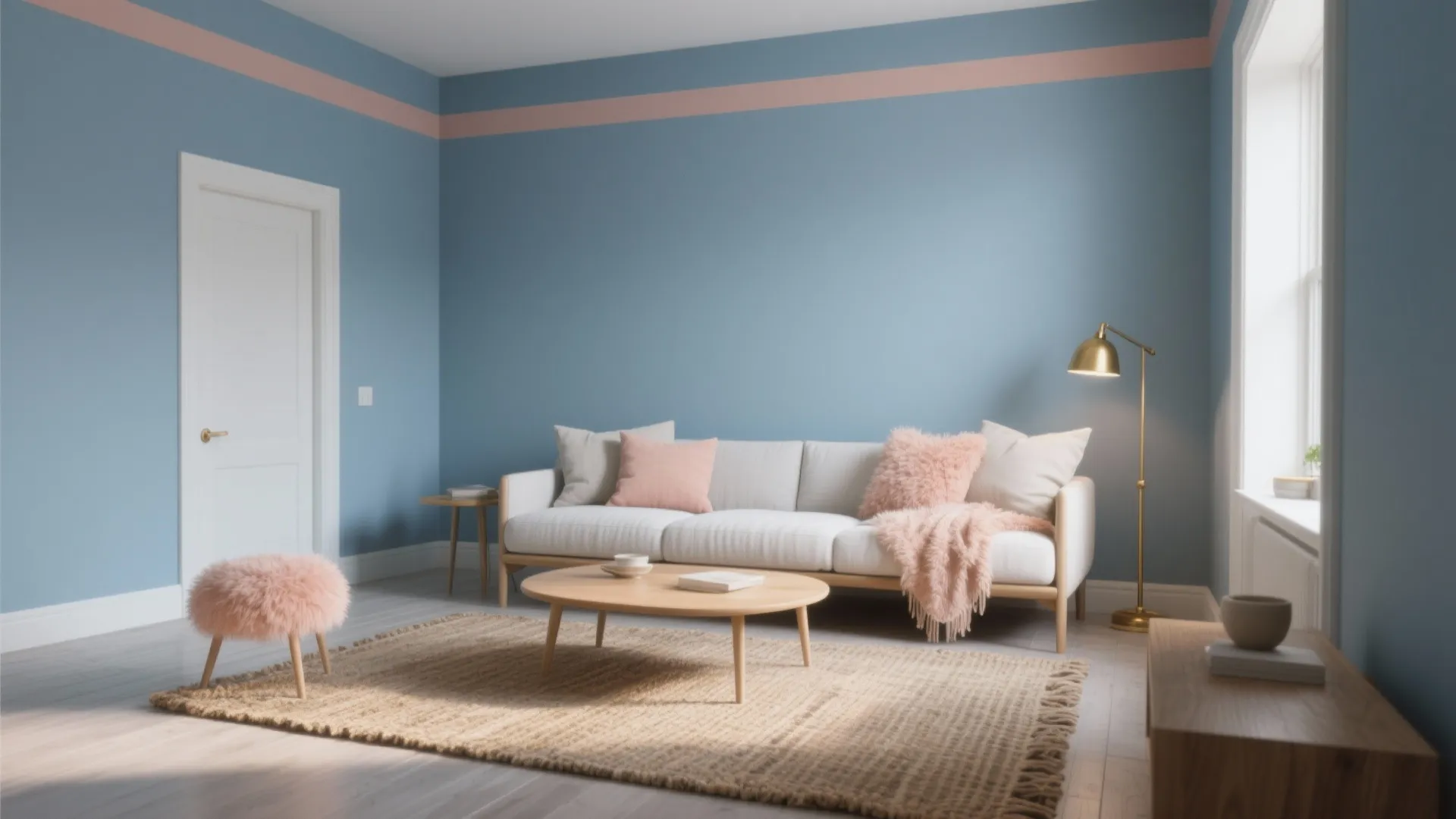 Modern blue living room with white sofa pink pillows wooden coffee table and floor light