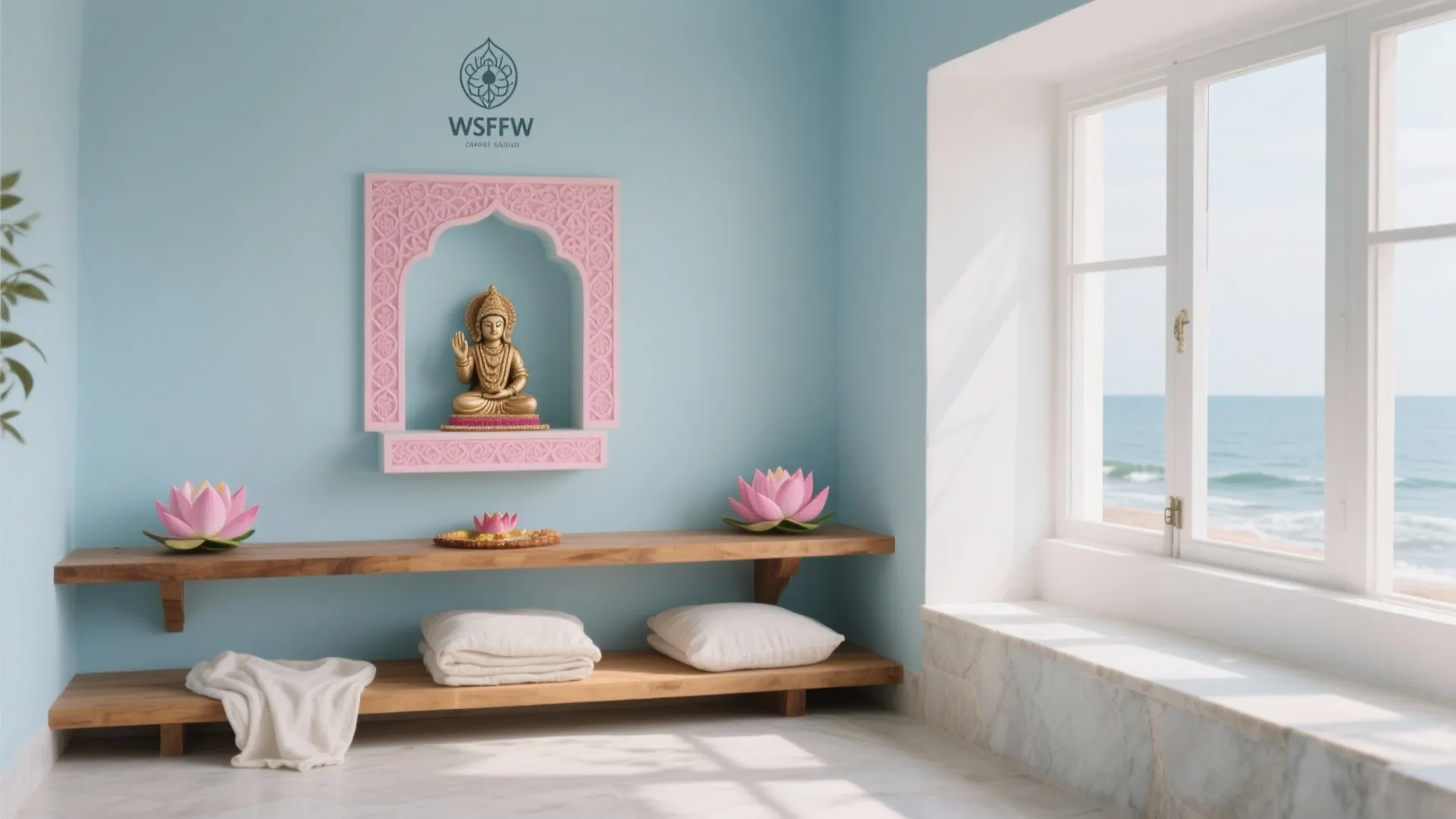 Light blue meditation room featuring pink wall carving gold statue wooden shelves and ocean view window