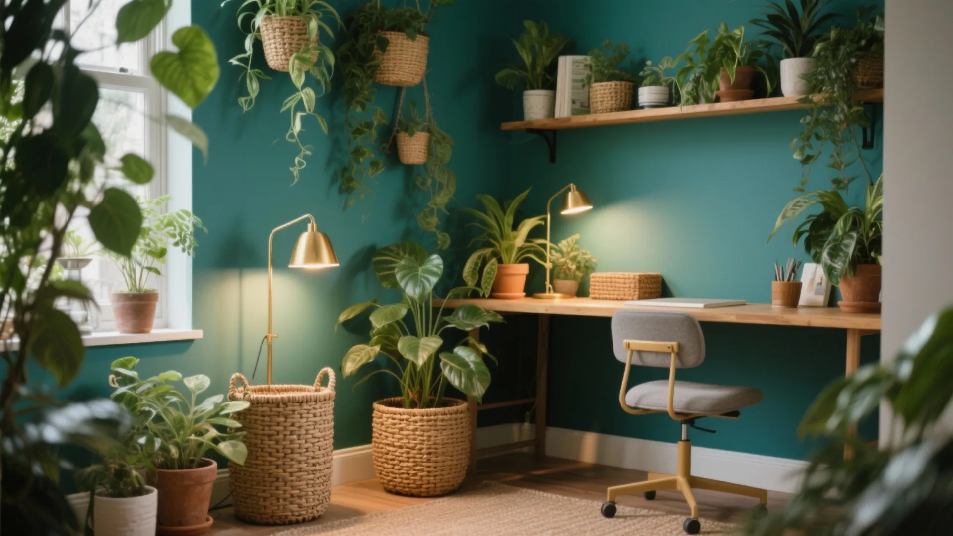 Home office with green walls many indoor plants wooden desk grey chair and gold light fixtures