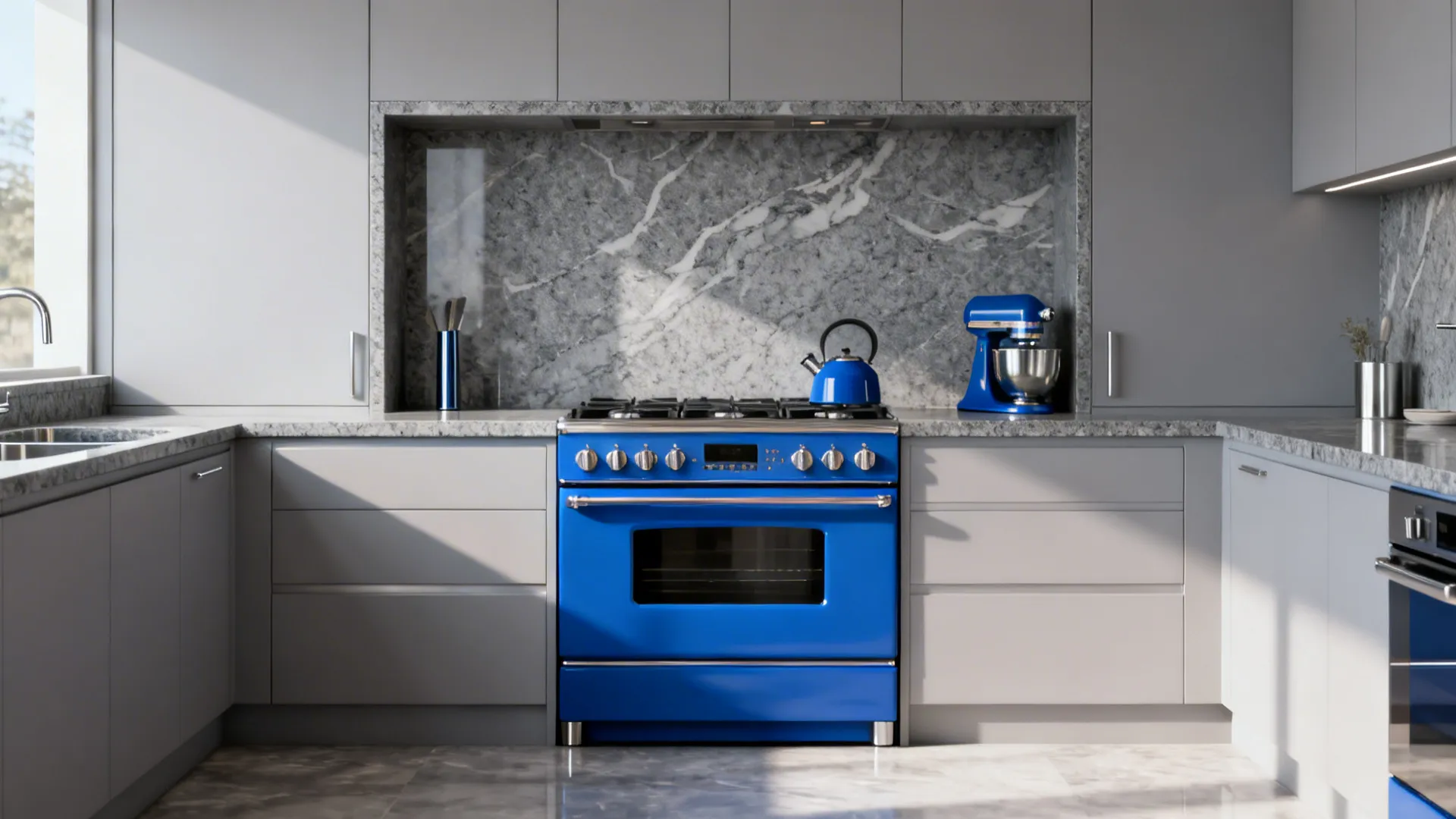 Blue statement range with mid-grey quartz counters and soft grey cabinets.