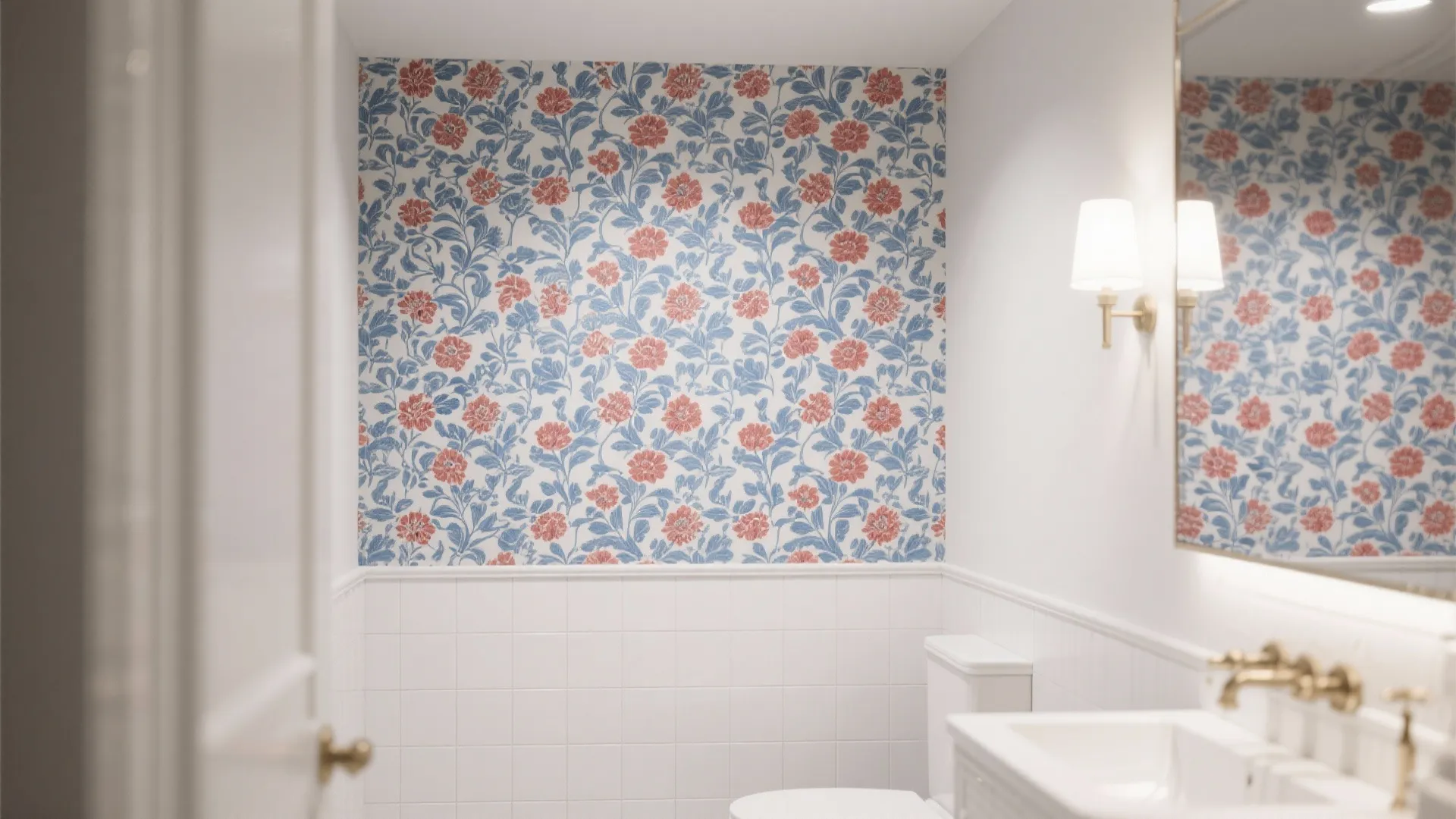 Bathroom interior featuring floral wallpaper white tiles wall light sink and white toilet in bright room