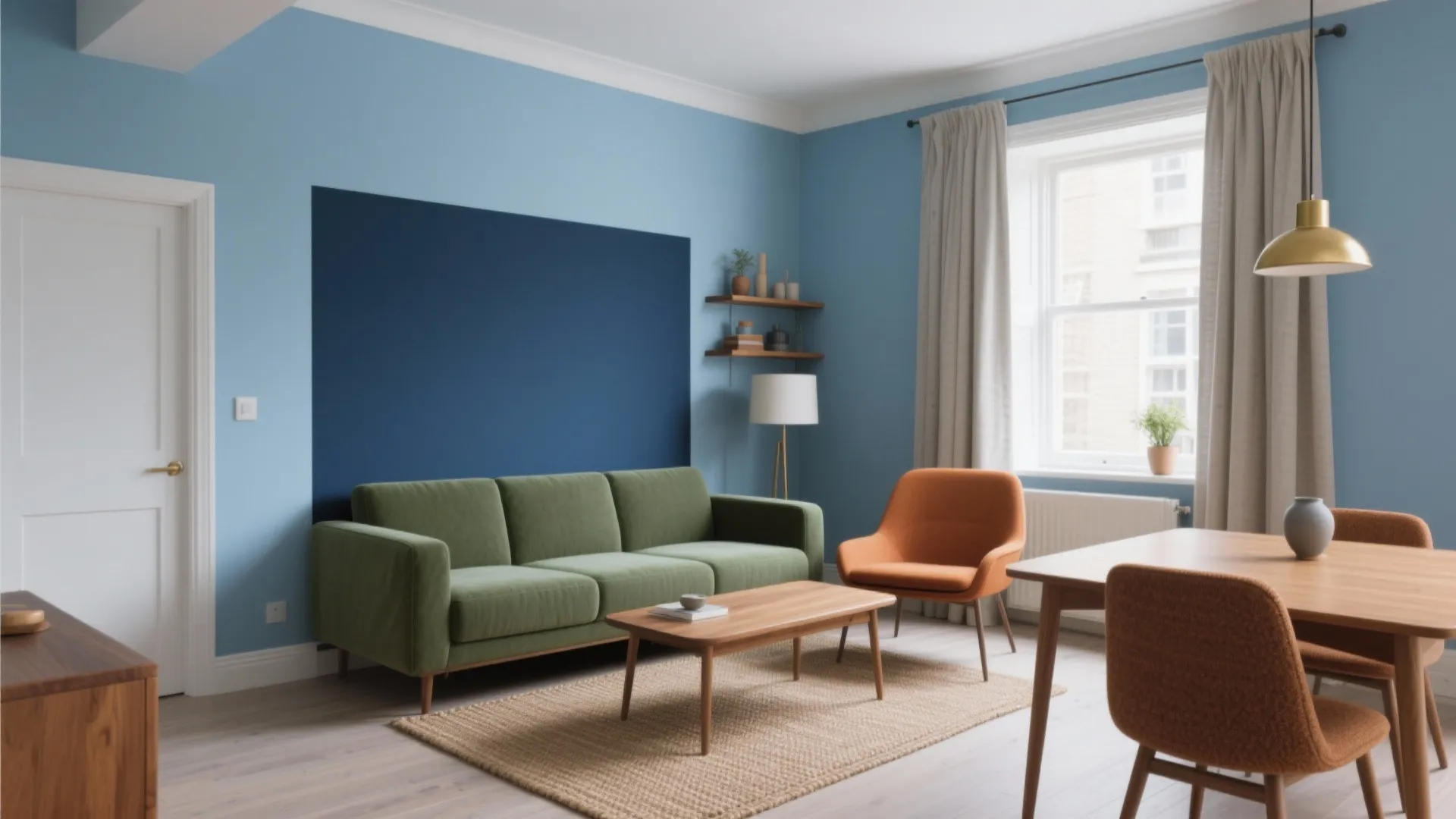 Modern living room with blue walls green sofa orange armchair wooden coffee table and rug