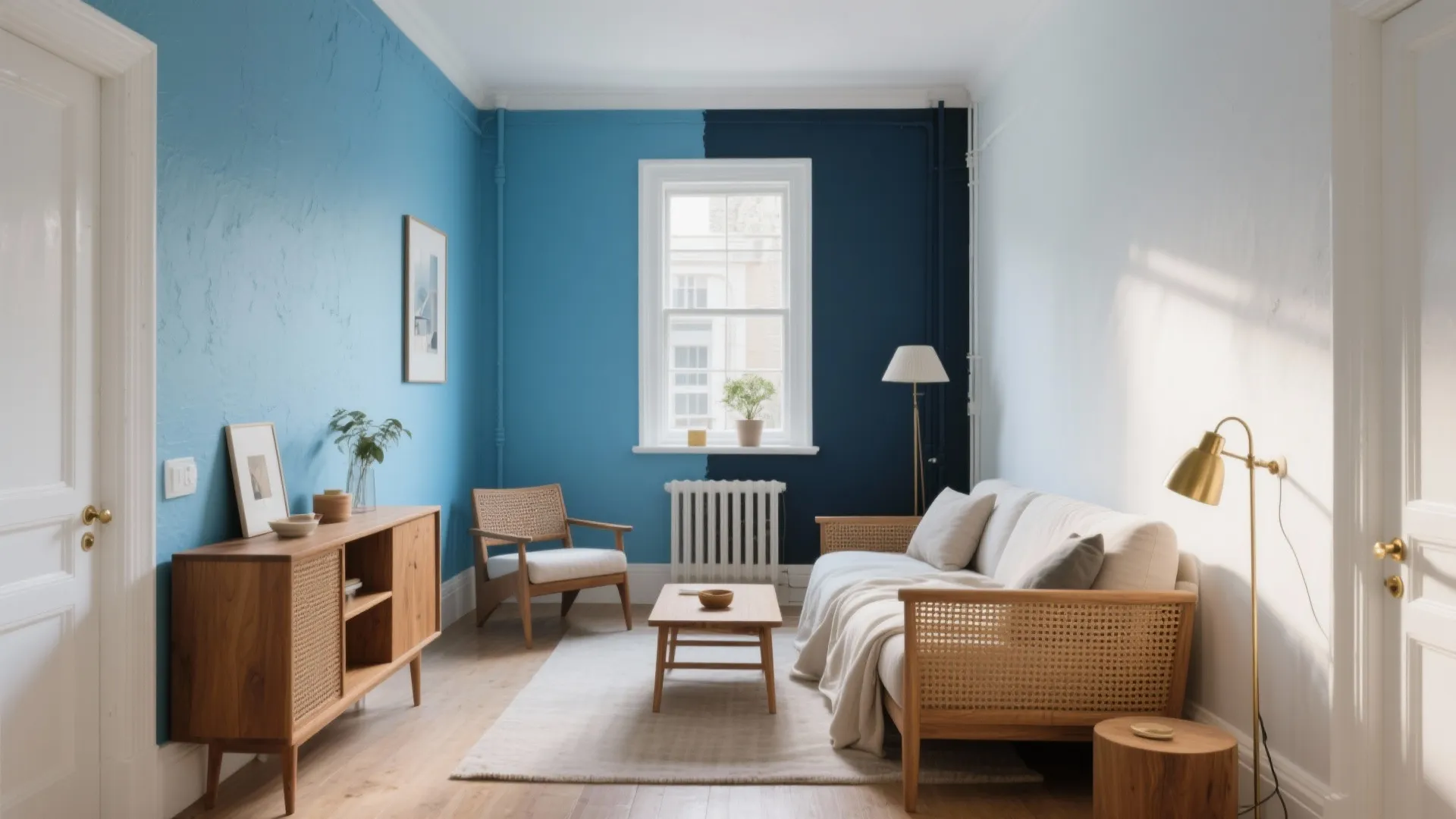 Living room with blue walls white sofa wooden cabinet coffee table armchair floor lamp and sunlight