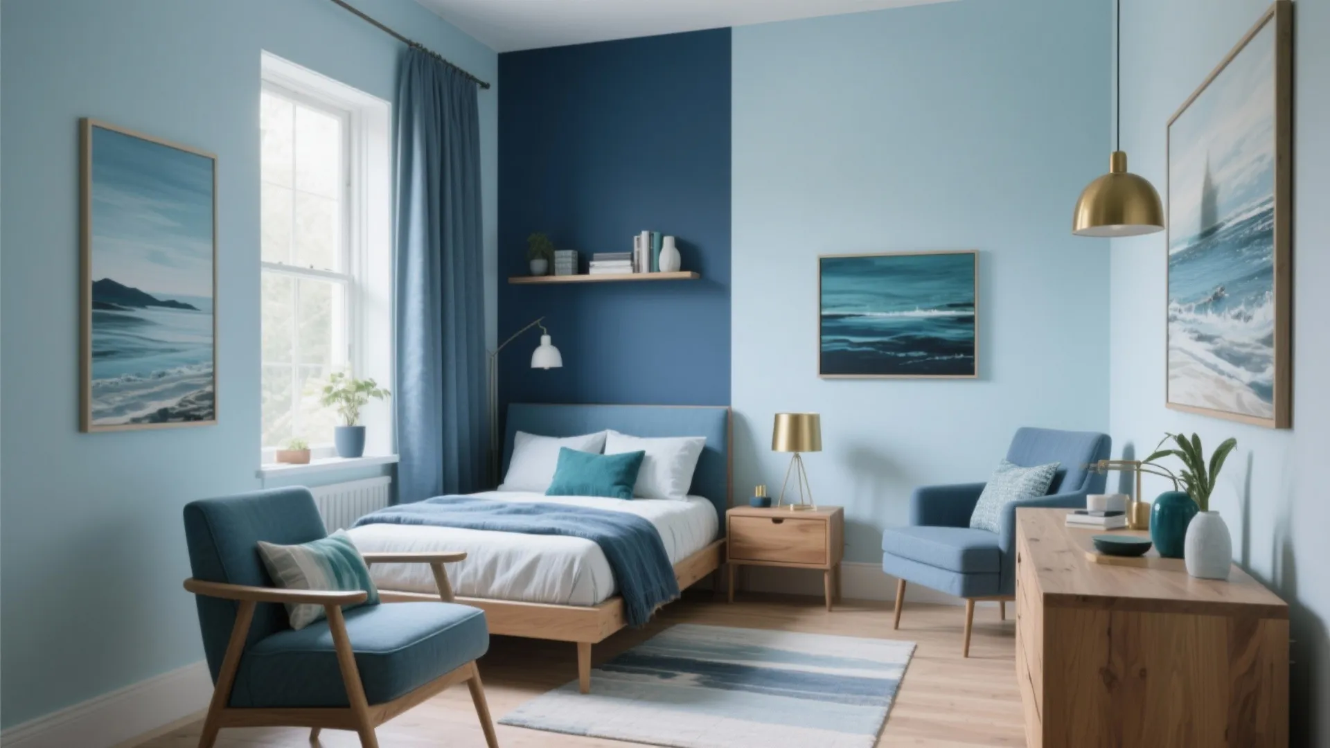 Blue bedroom interior design with light blue walls wooden furniture comfortable chairs and gold light fixture