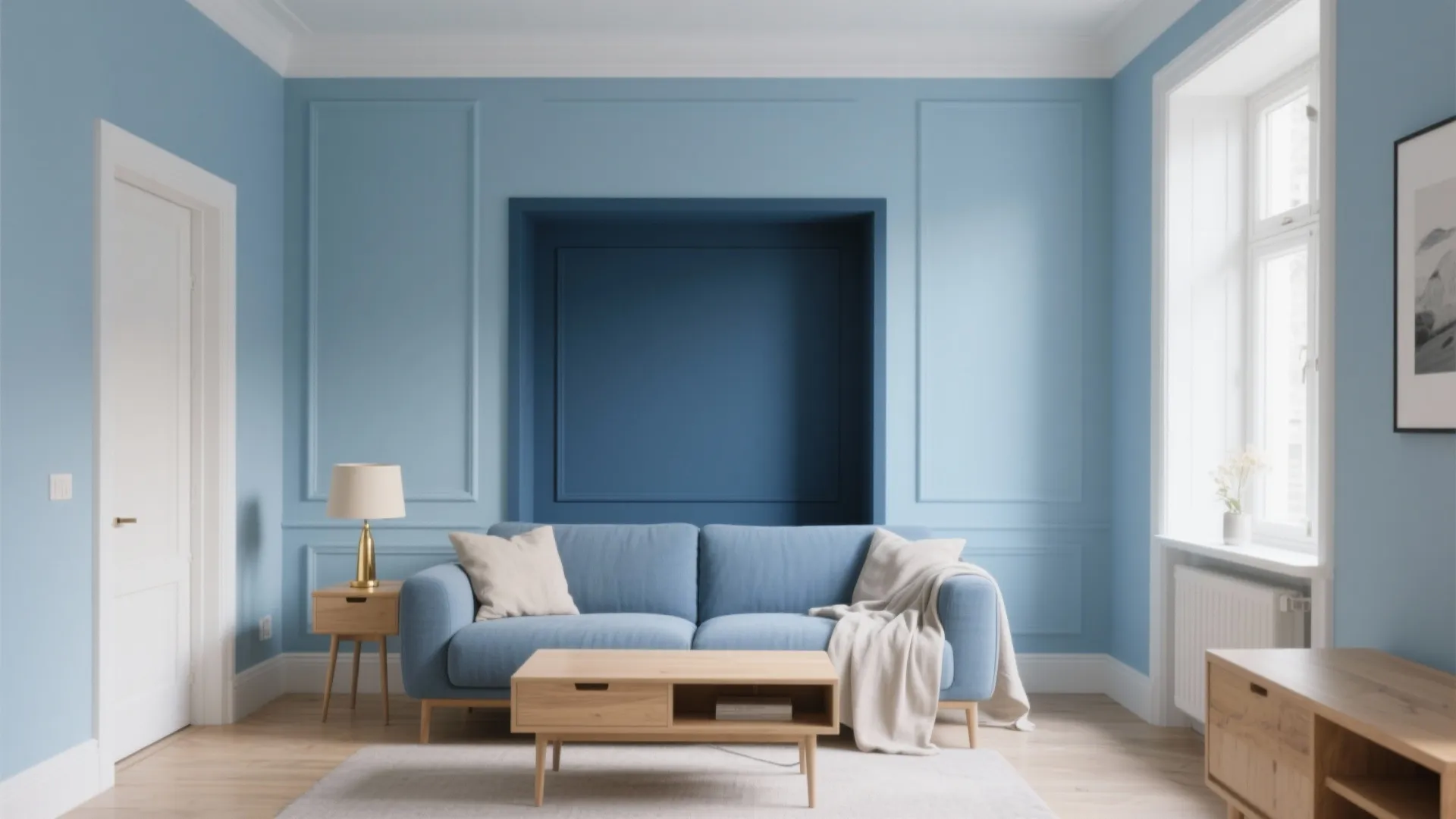 Cozy blue living room featuring a blue sofa wooden coffee table wall panels and natural light