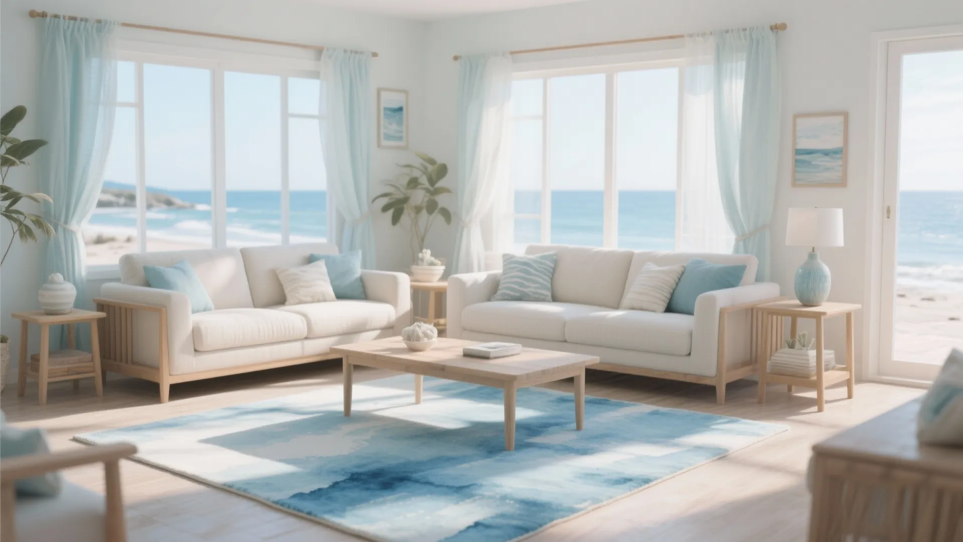 Bright living room with two white sofas blue patterned rug light blue curtains and beach