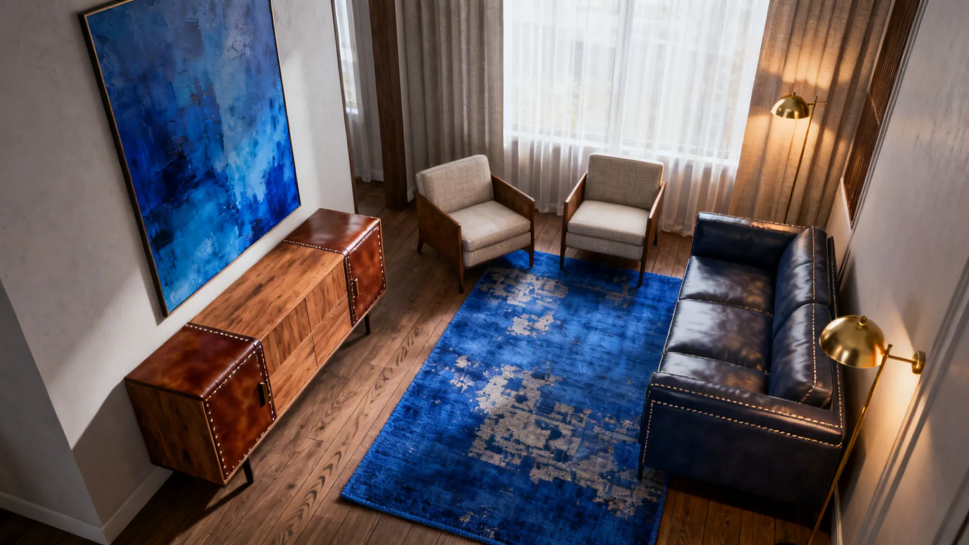 Blue patterned rug defining seating area and large blue artwork unifying blue and brown tones.