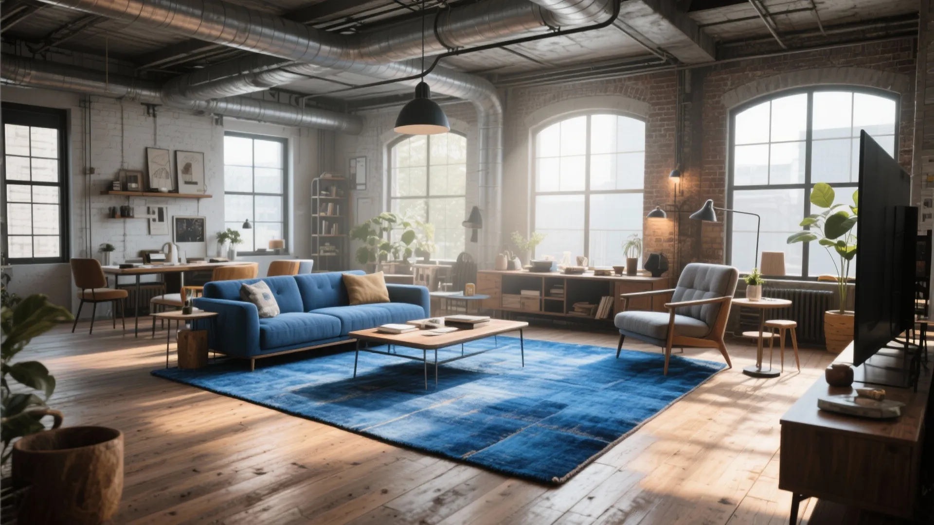 Industrial living room with blue sofa and rug wooden floor brick wall and large windows