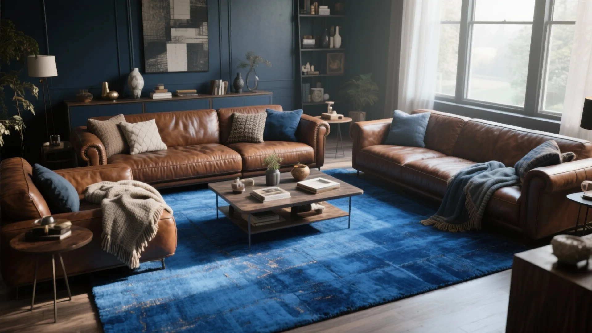 Cobalt blue area rug paired with warm brown leather sofas in a cozy living room.