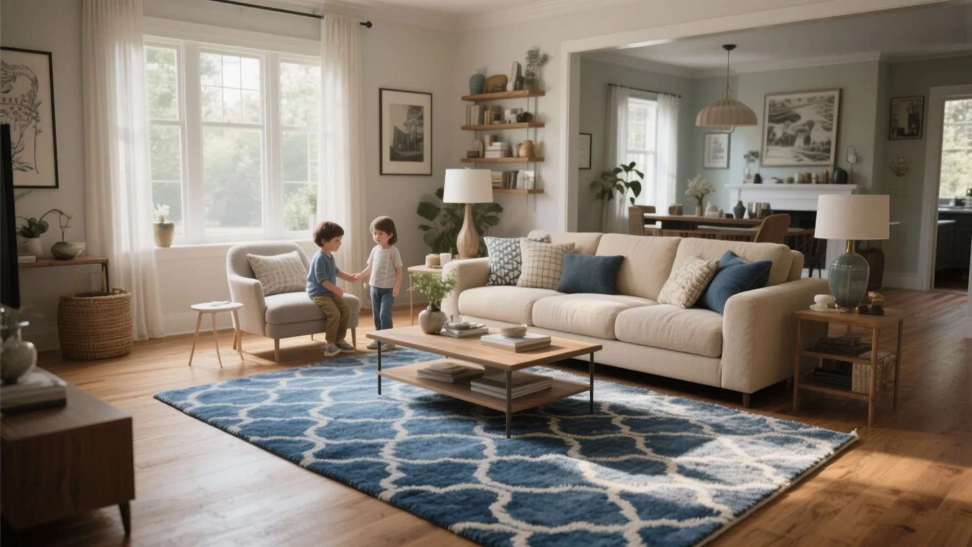 Modern living room with beige sofa blue patterned rug coffee table and two children playing together