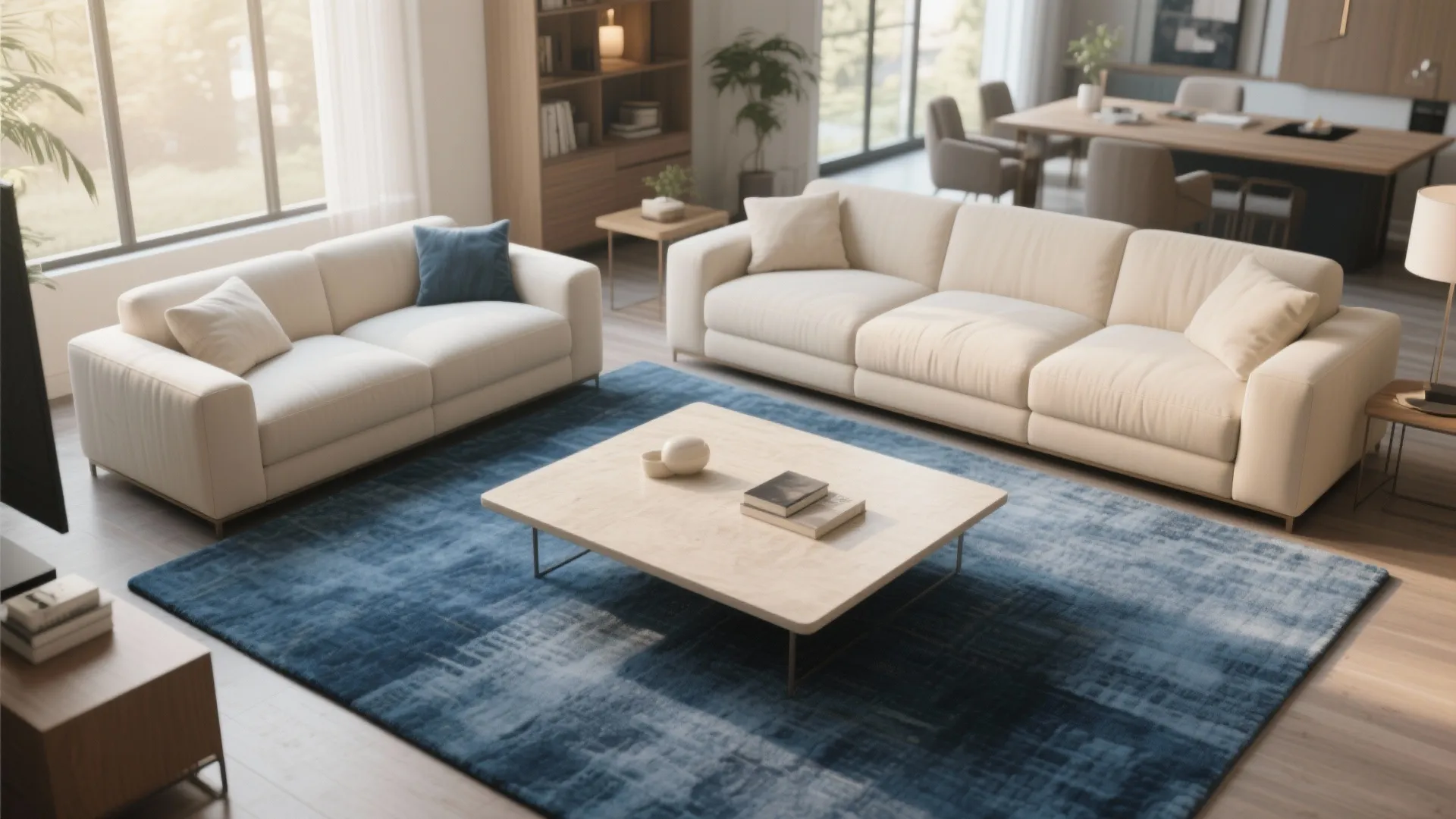 Modern living room with beige sofas around a wooden table on a large blue rug