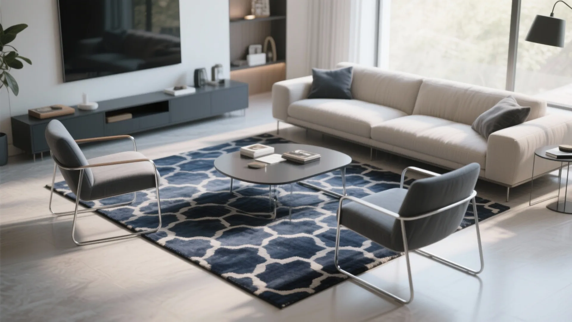 10. Blue Patterned Rug with Silver Accent Furniture