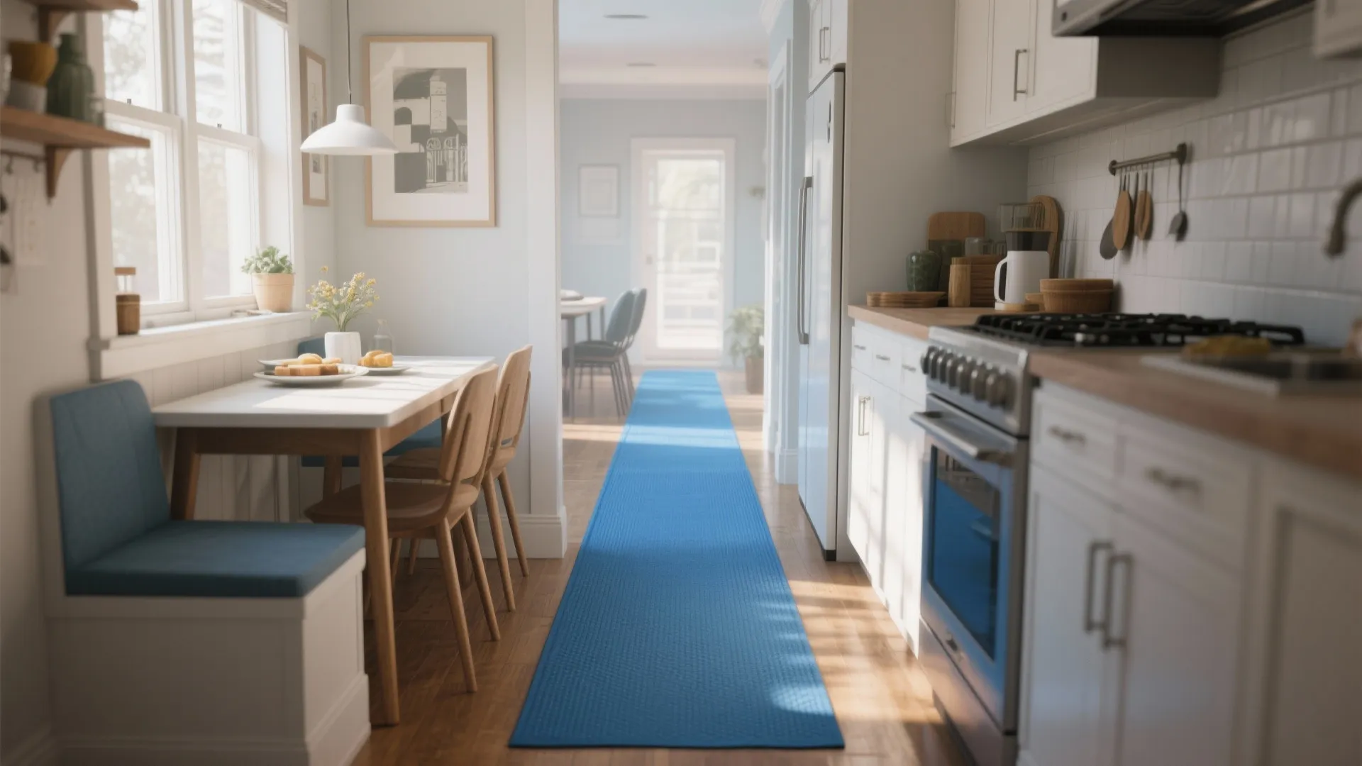 Narrow dining area with a mid-blue runner connecting kitchen and dining for visual flow.