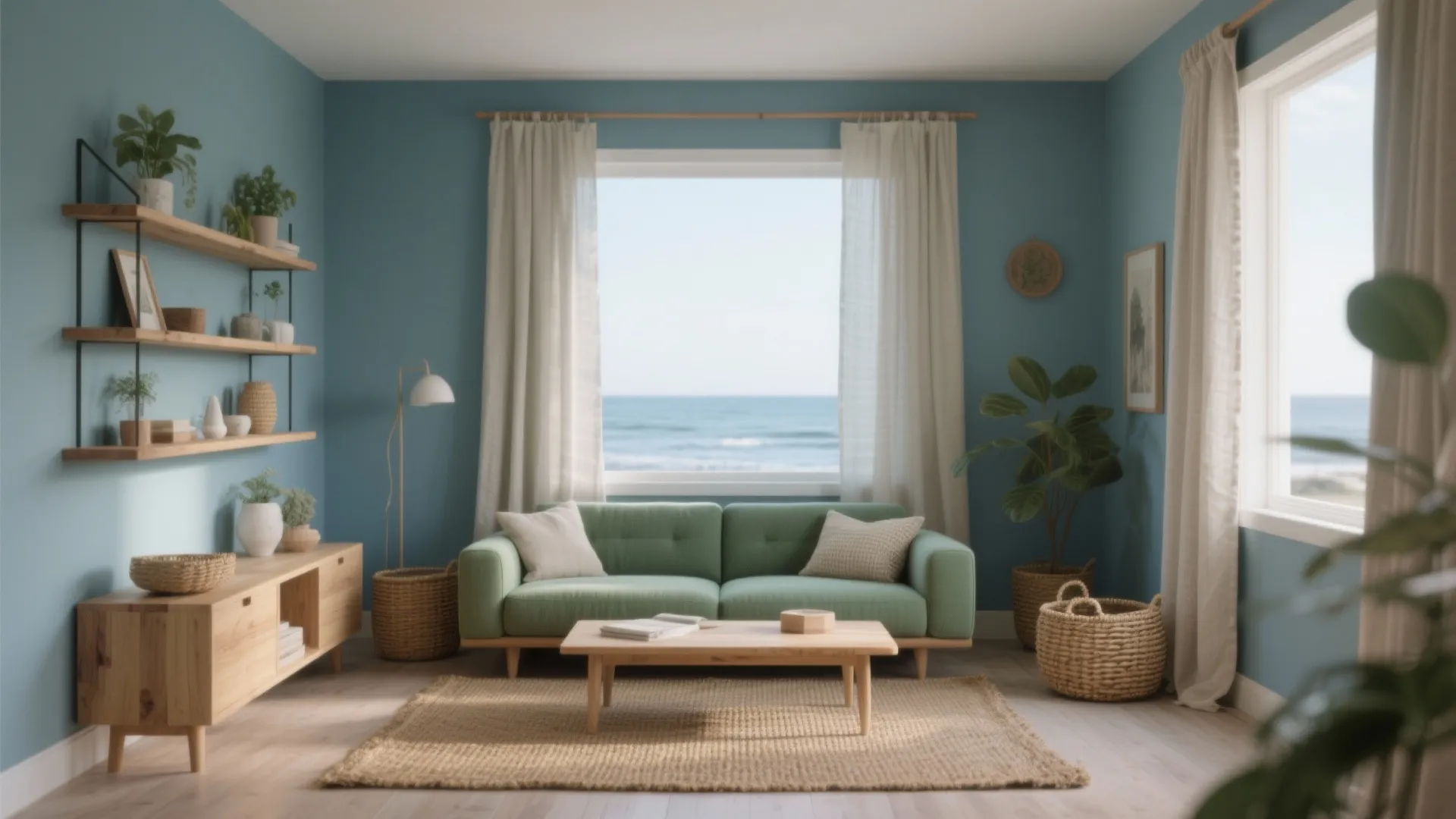 Living room with green sofa, wooden coffee table, blue walls, white curtains, and ocean view